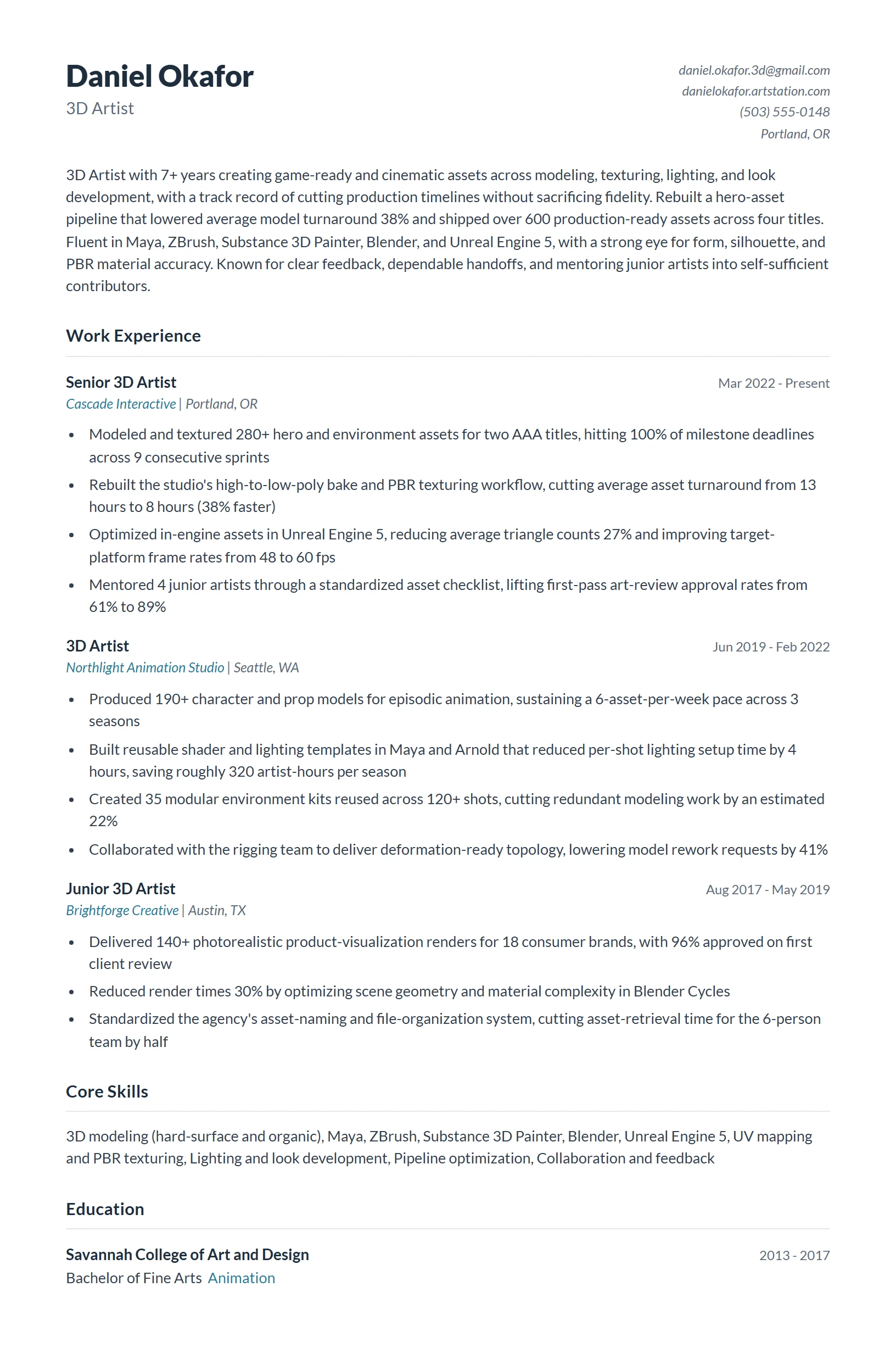 3D Artist Resume Example