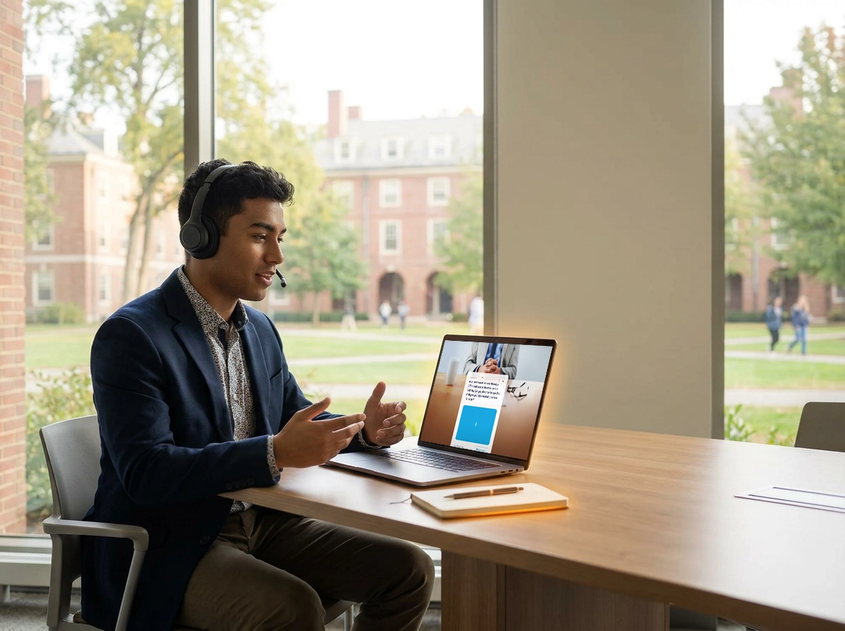 A student using a mock interview tool to prep for a job interview.