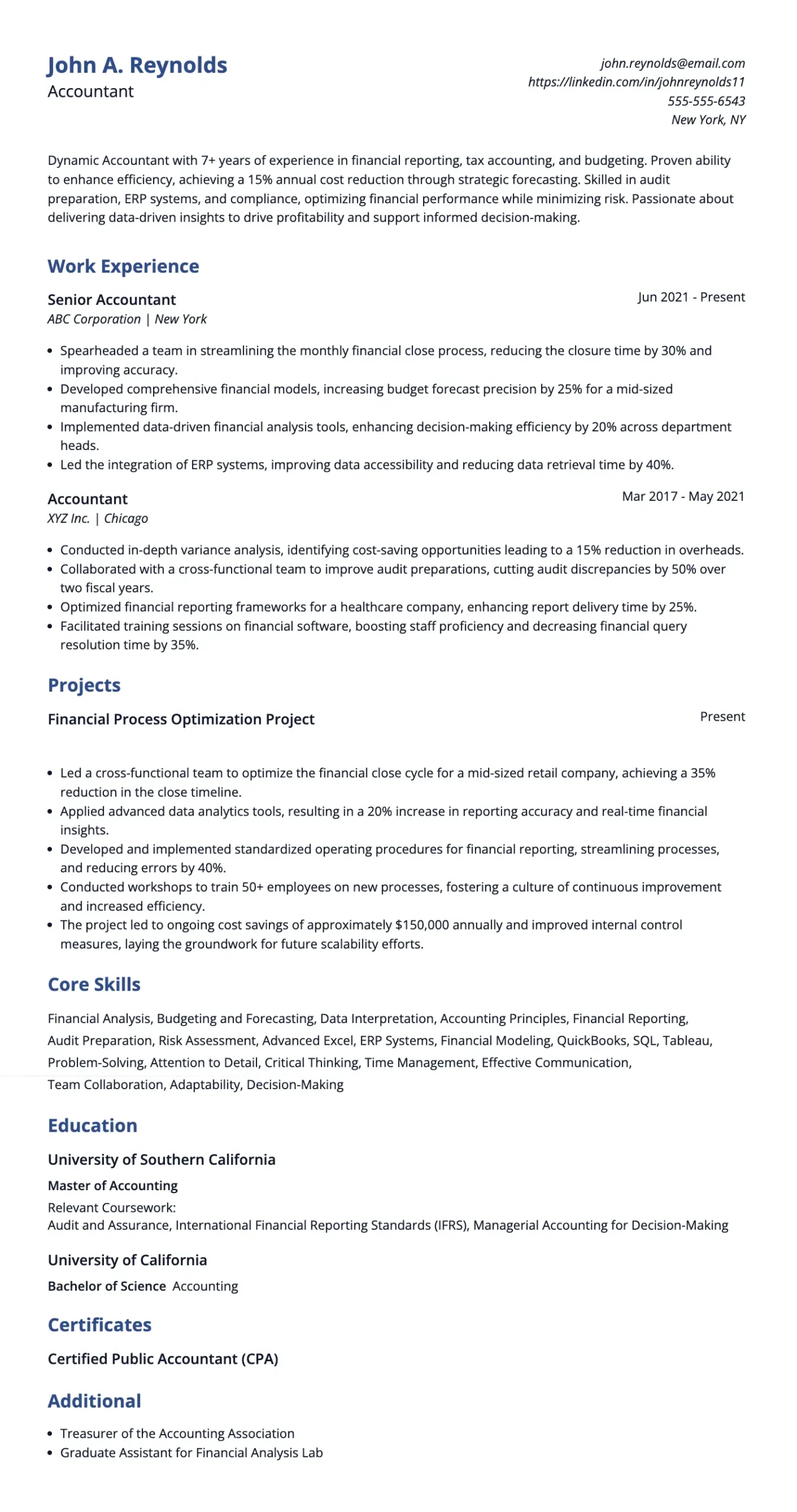 Accountant resume example showing professional summary, senior experience, projects, skills, and certifications