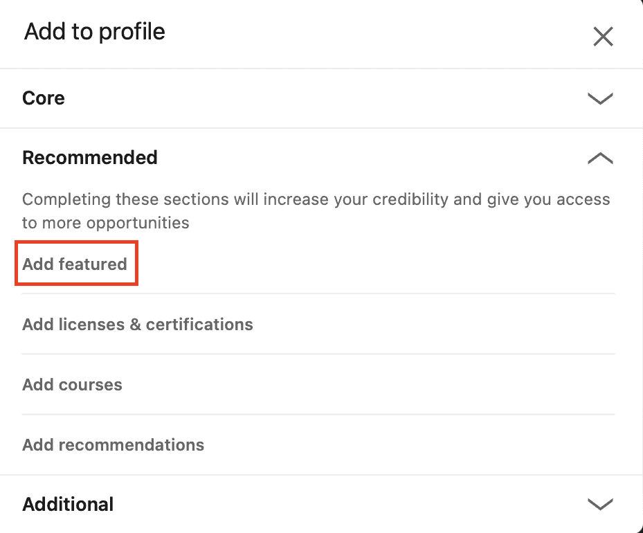 screenshot of LinkedIn's add feature pop-up on the user profile