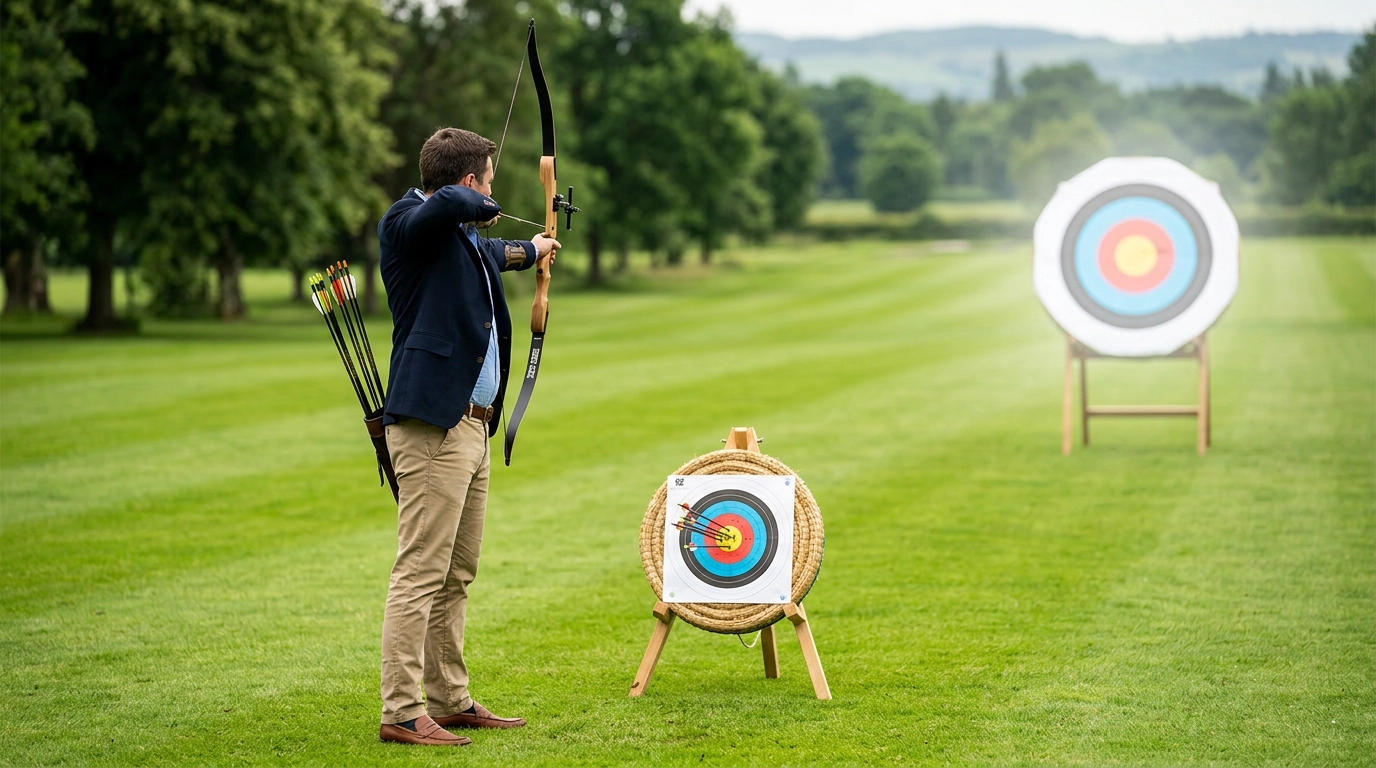 an archer hitting the bullseye of a small target while a larger, glowing target stands untouched behind it, representing students aiming at the wrong AI skills.