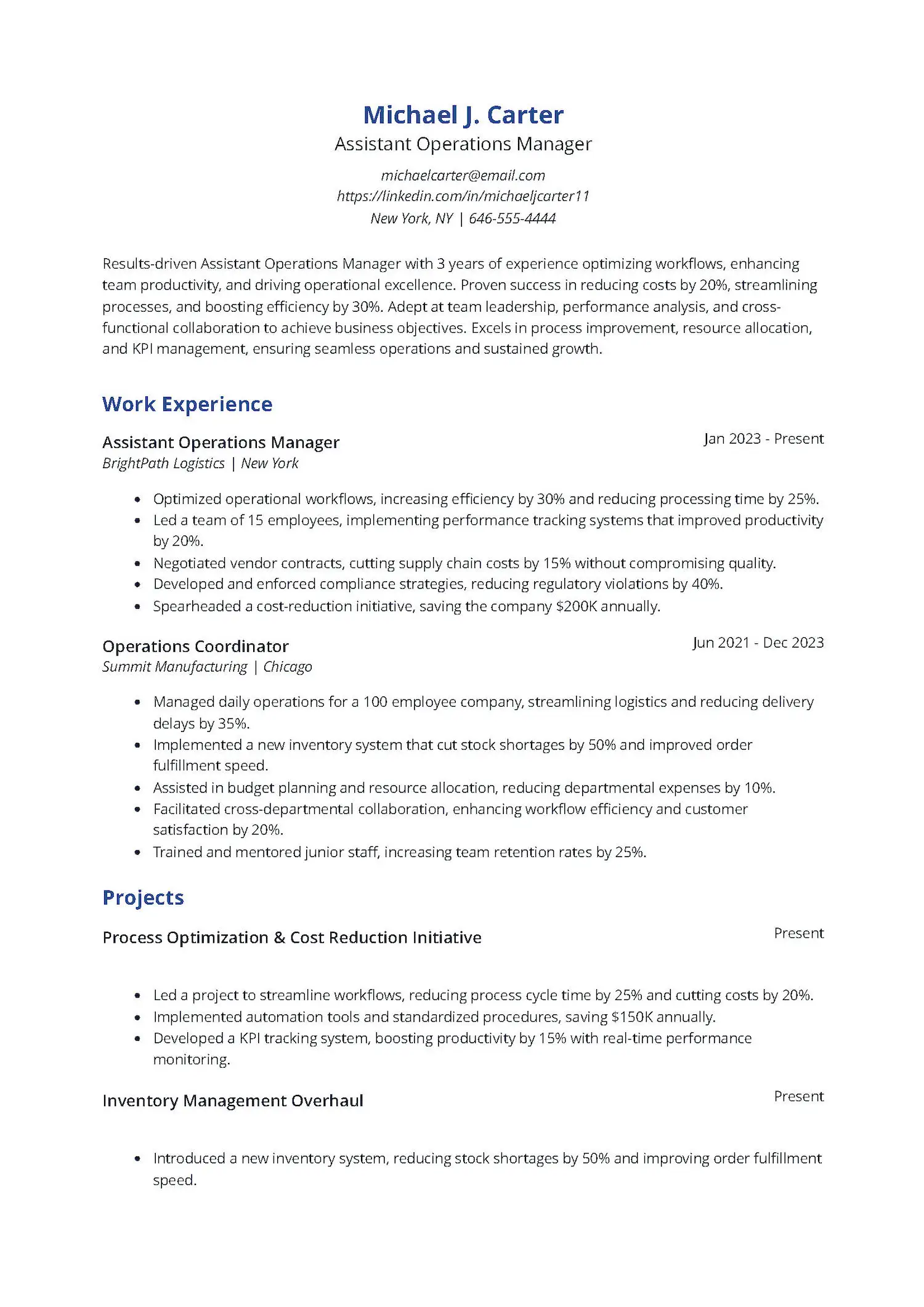 Assistant Operations Manager Resume