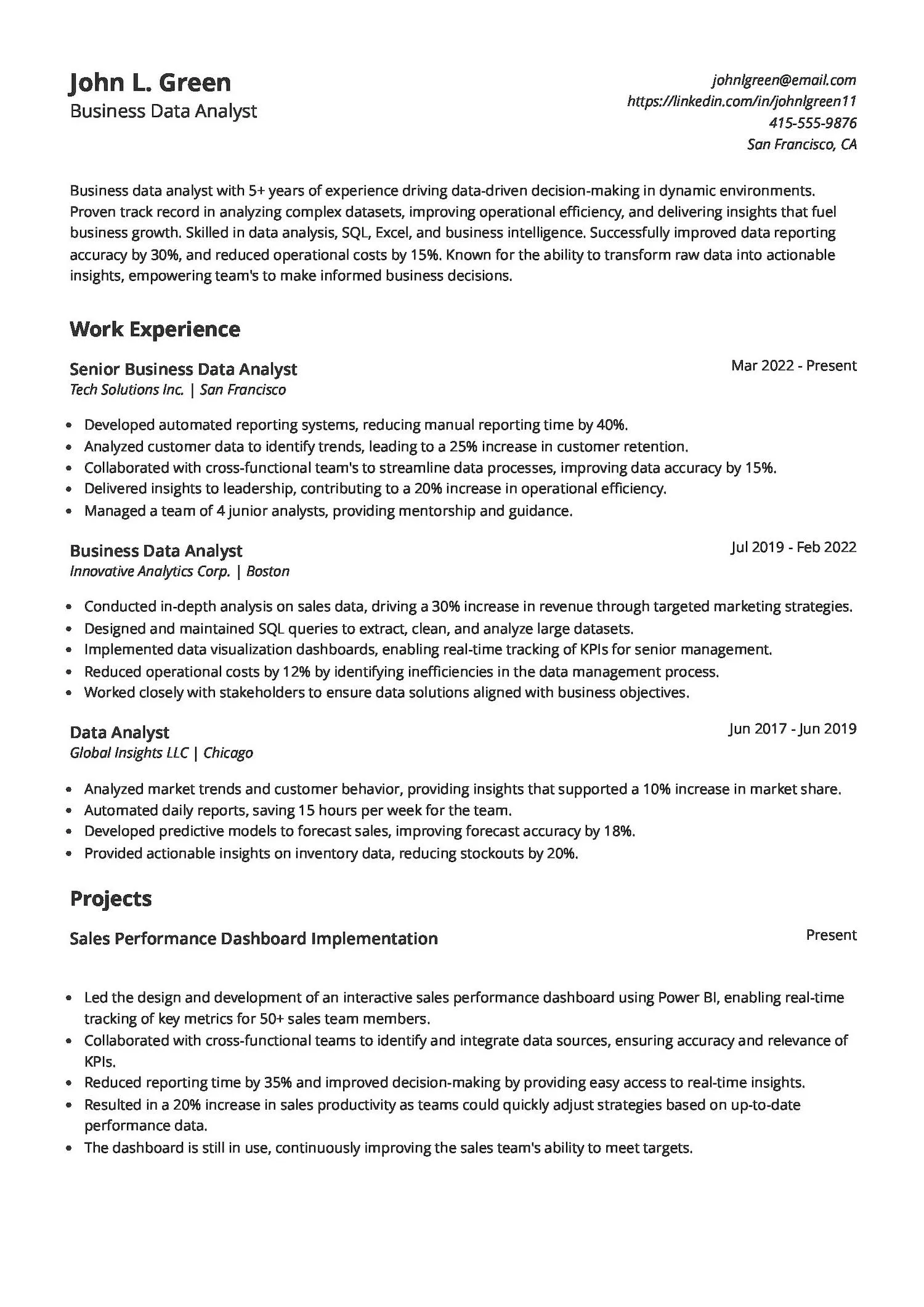 Business Data Analyst Resume