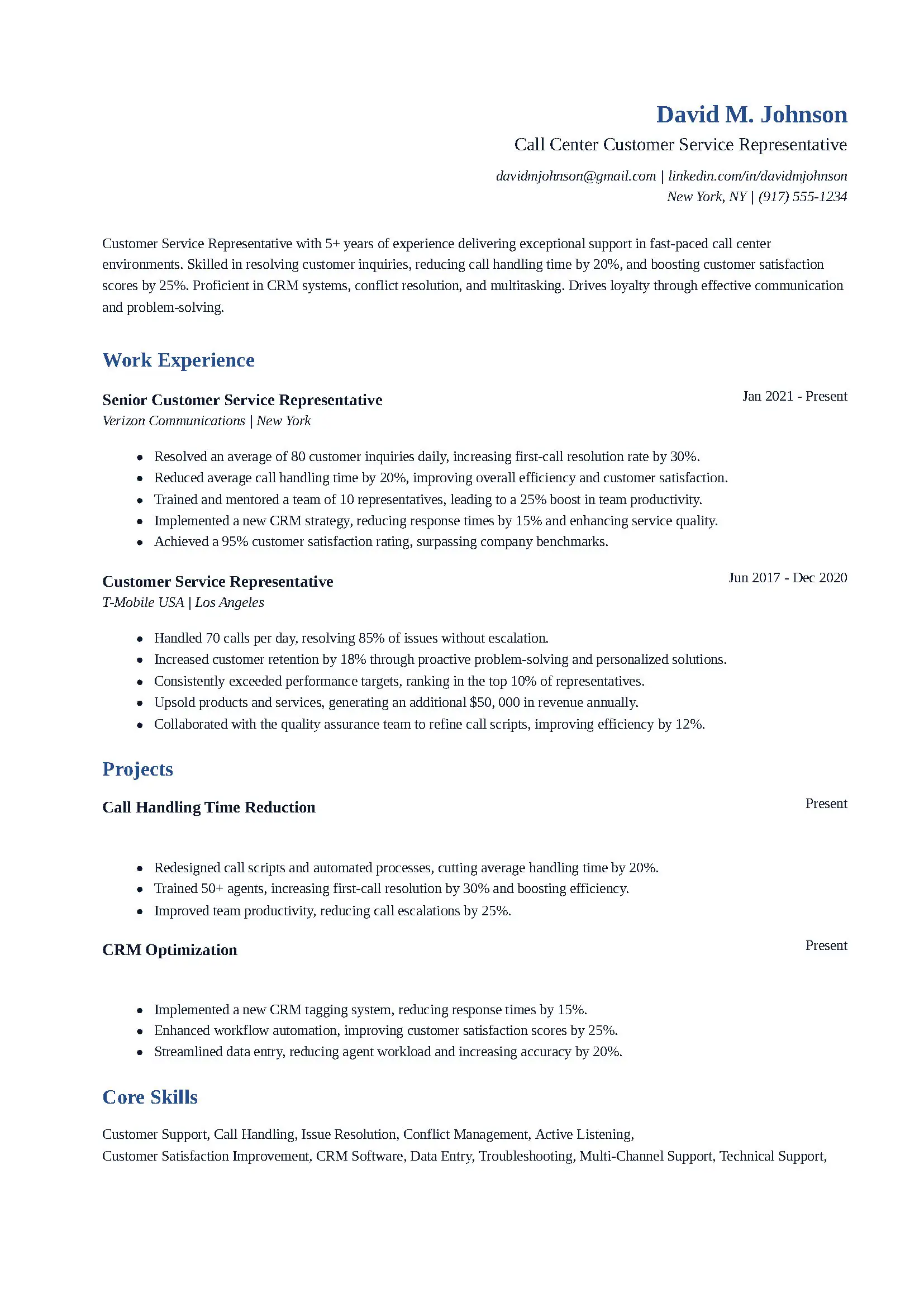 Call Center Customer Service Representative Resume
