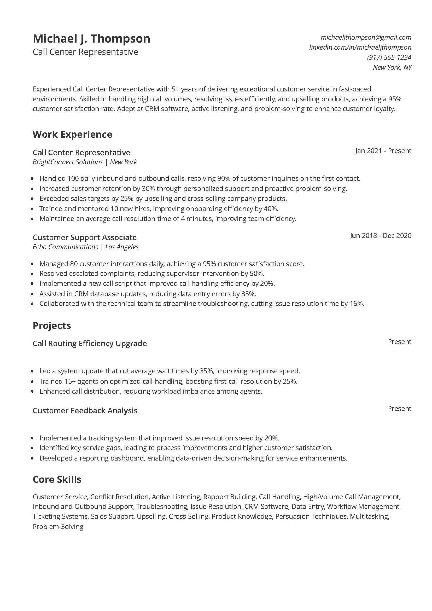 Call Center Representative Resume