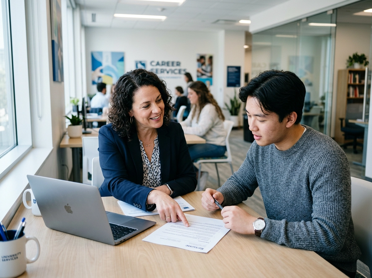 Candid editorial photograph inside a bright, modern university career-services office. A career advisor in business-casual attire sits beside a college student at a desk, both focused on a laptop and a printed resume, mid-conversation — the advisor pointing at a specific line on the resume as if explaining how to strengthen it. Natural window light, soft shadows, shallow depth of field, blurred contemporary office in the background with subtle blue tones. Optimistic, collaborative, professional mood. Corporate editorial photography, realistic, high detail. Cool blue and clean-neutral color grade with one warm highlight.