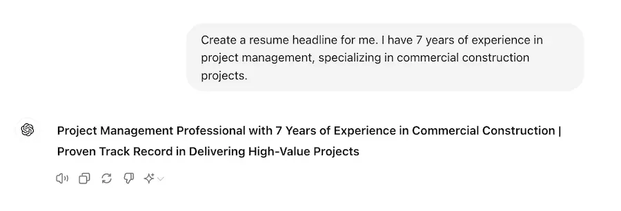 ChatGPT prompt for resume headline.