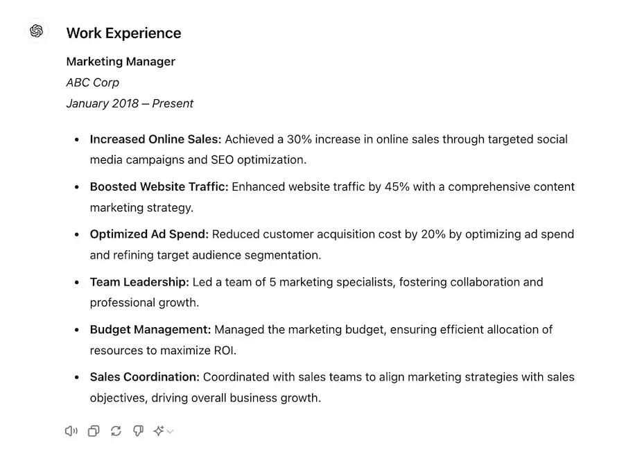 Resume bullet points in work experience section