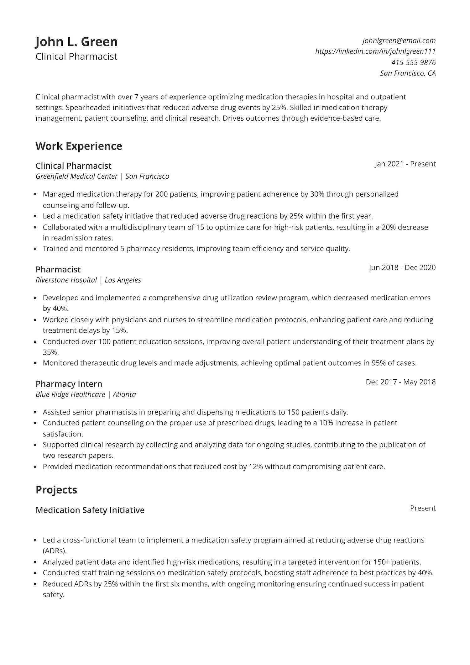 Clinical Pharmacist Resume