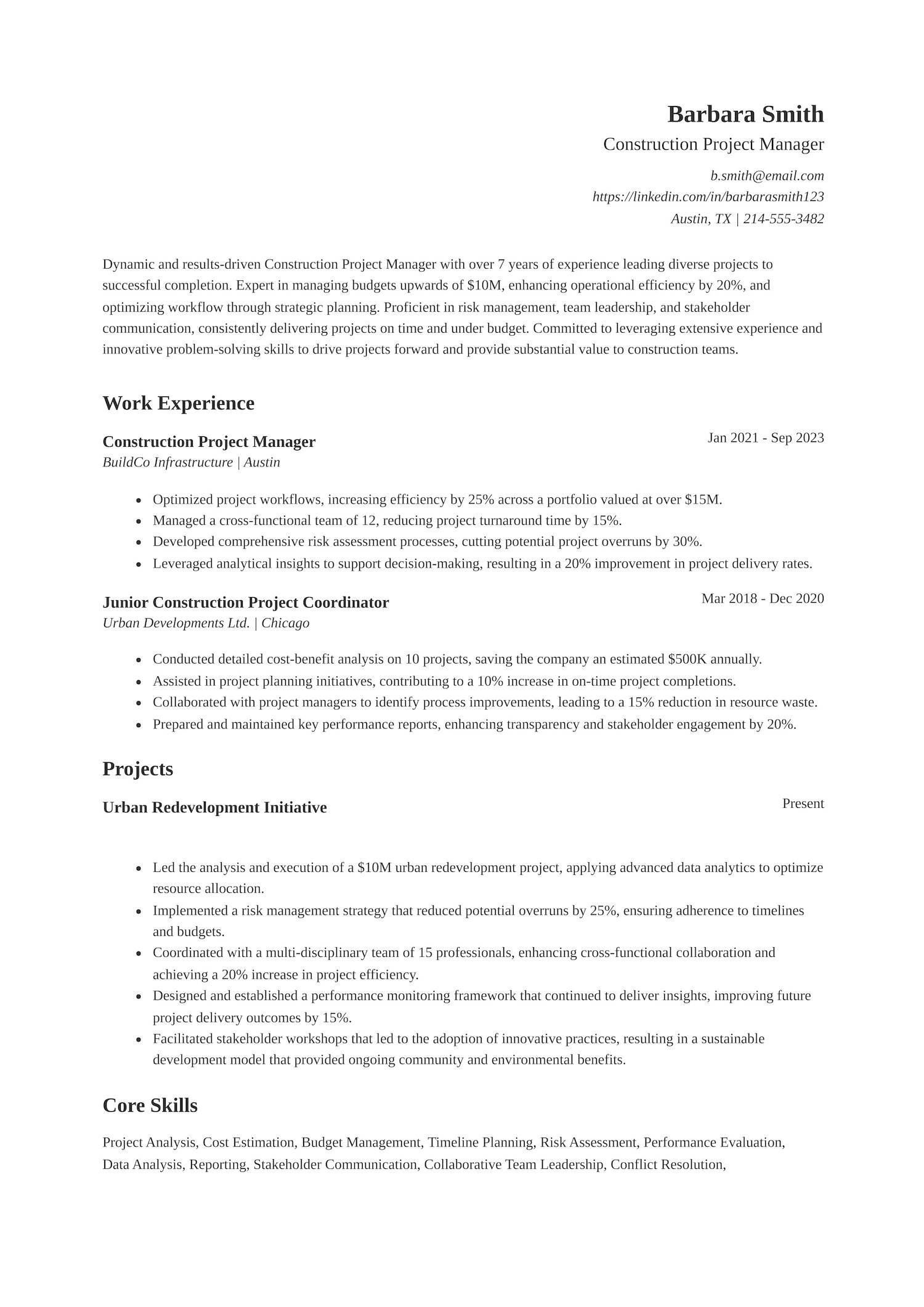 Construction Project Manager Resume