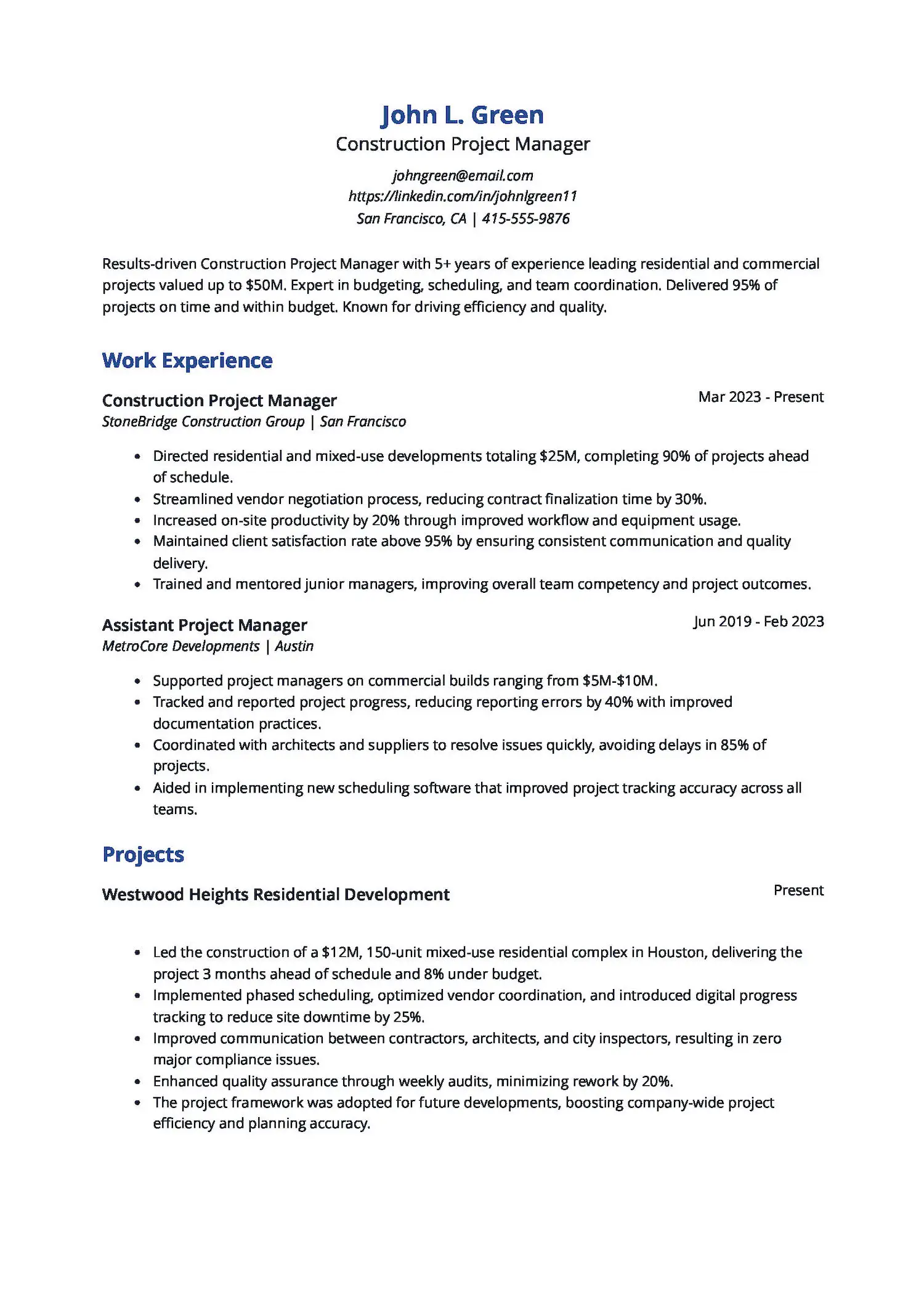Construction Project Manager Resume