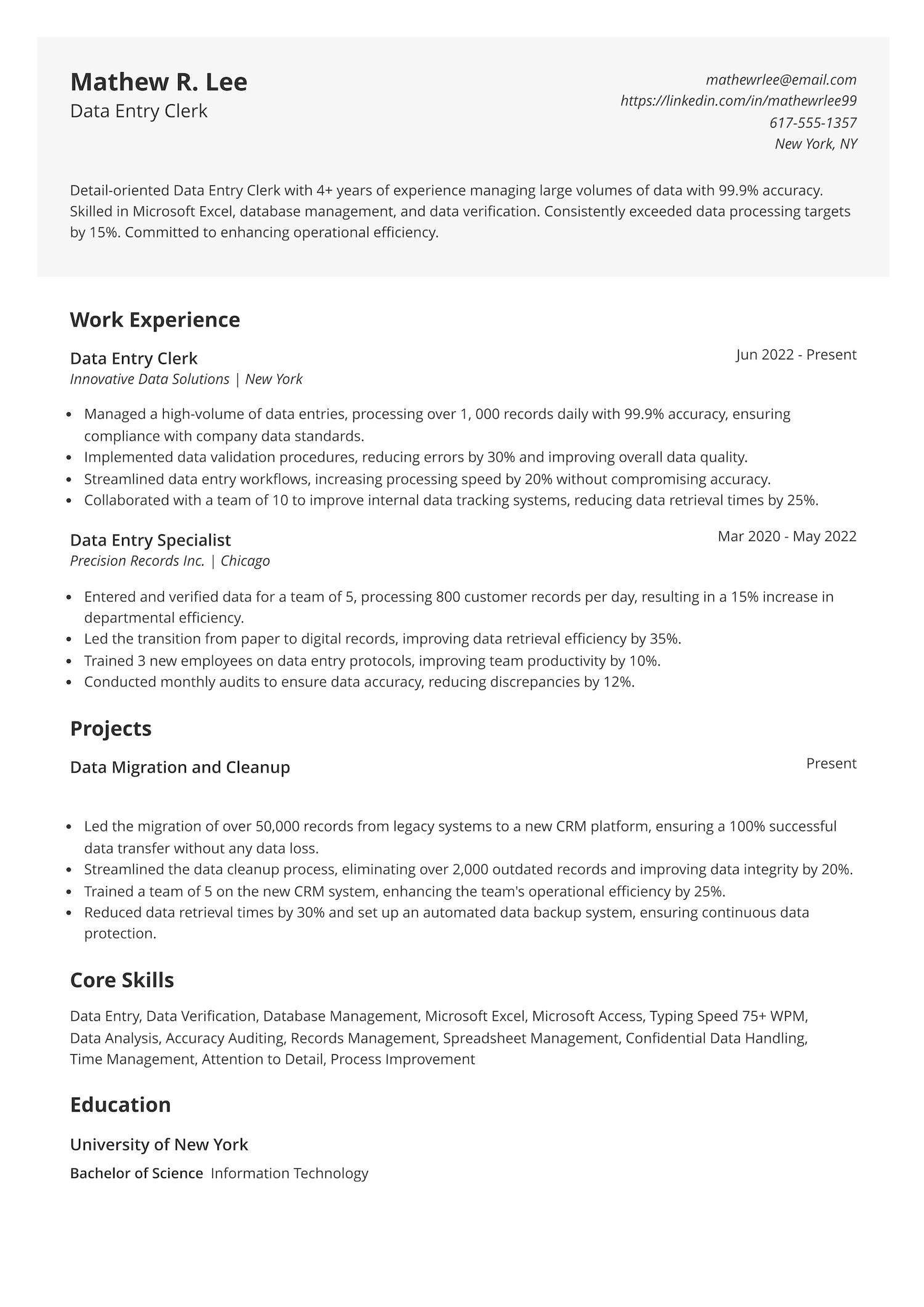 Data Entry Clerk Resume