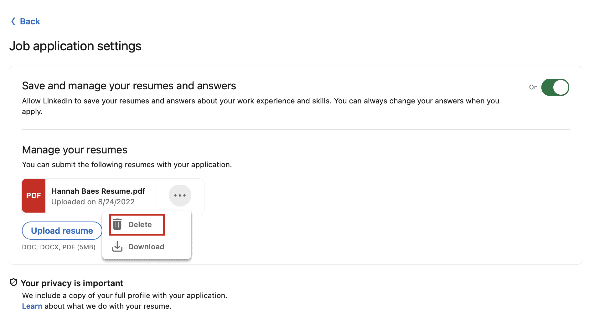 How to Upload Your Resume to LinkedIn - Delete Resume 