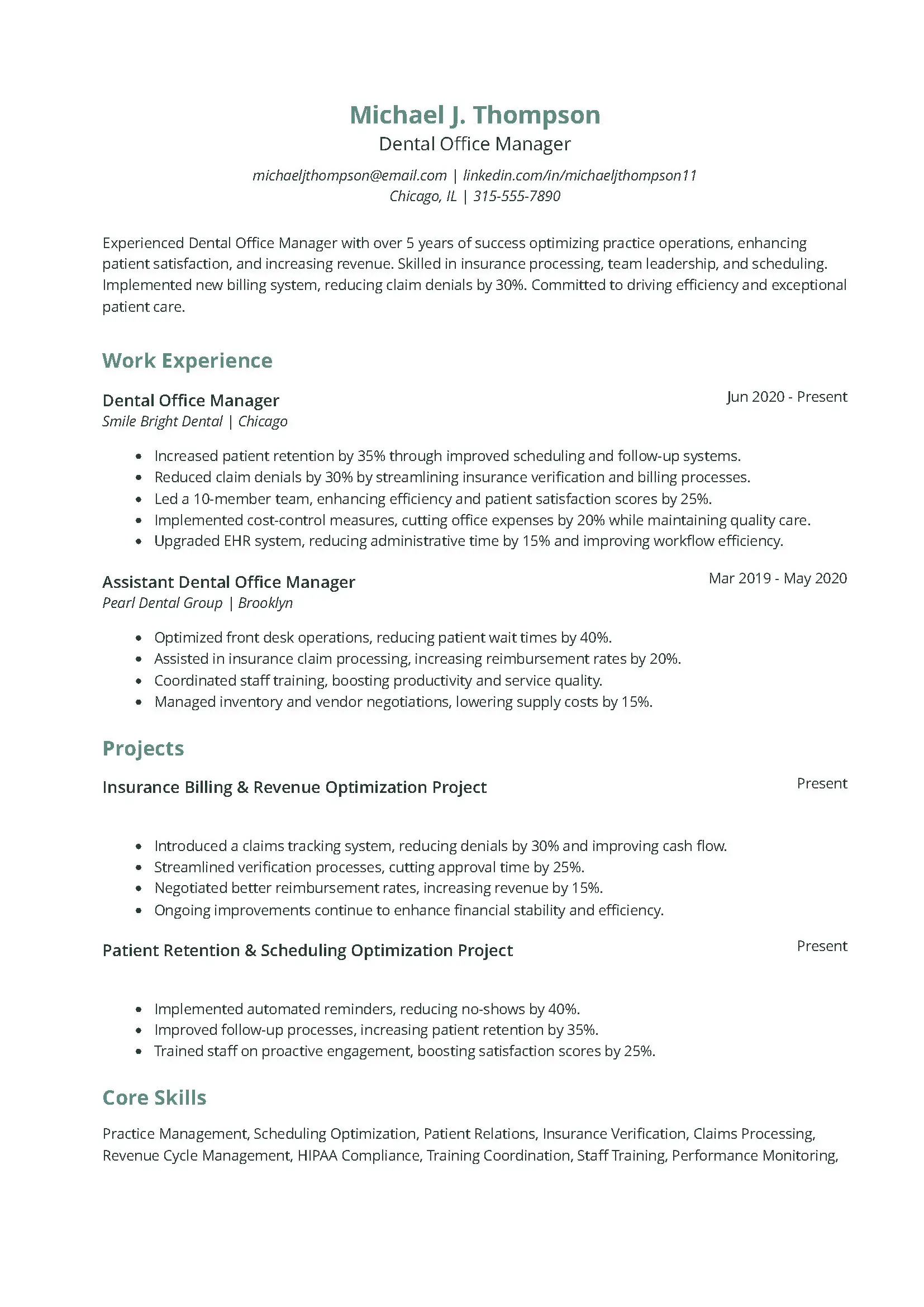 Dental Office Manager Resume