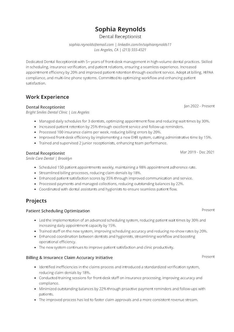 Dental Receptionist Resume