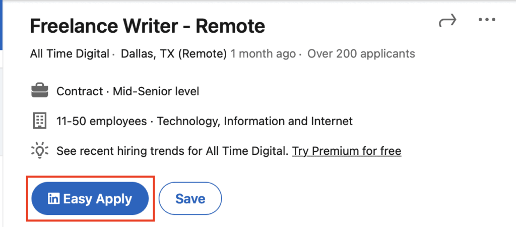 screenshot of a LinkedIn job opportunity with Easy Apply