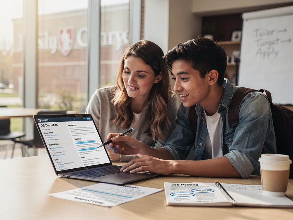 A career advisor and college student reviewing a resume side-by-side on a laptop, comparing it against a job description in a bright university career center office.