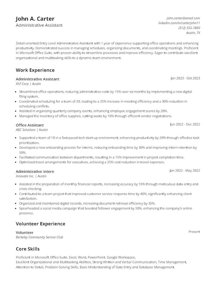 Entry-Level Administrative Assistant Resume