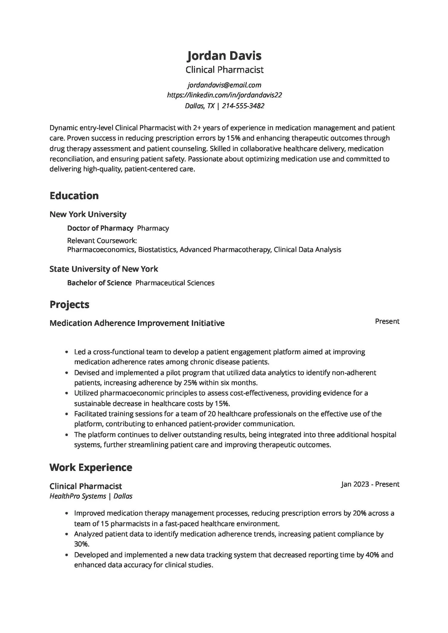 Entry-Level Clinical Pharmacist Resume
