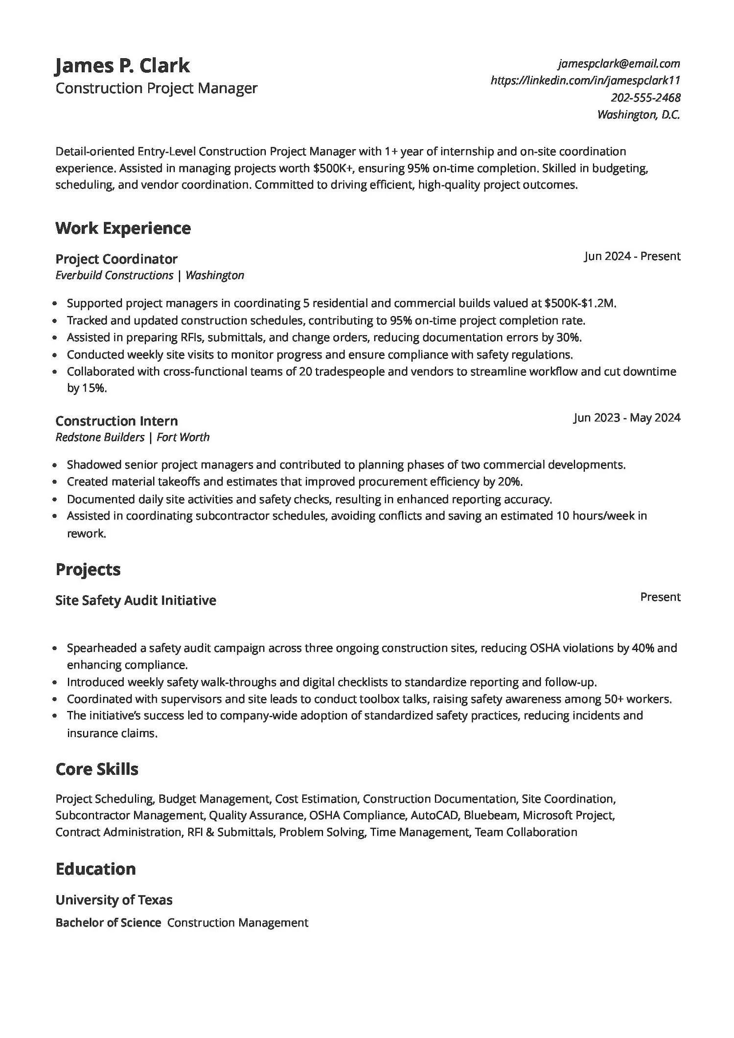 Entry-Level Construction Project Manager Resume