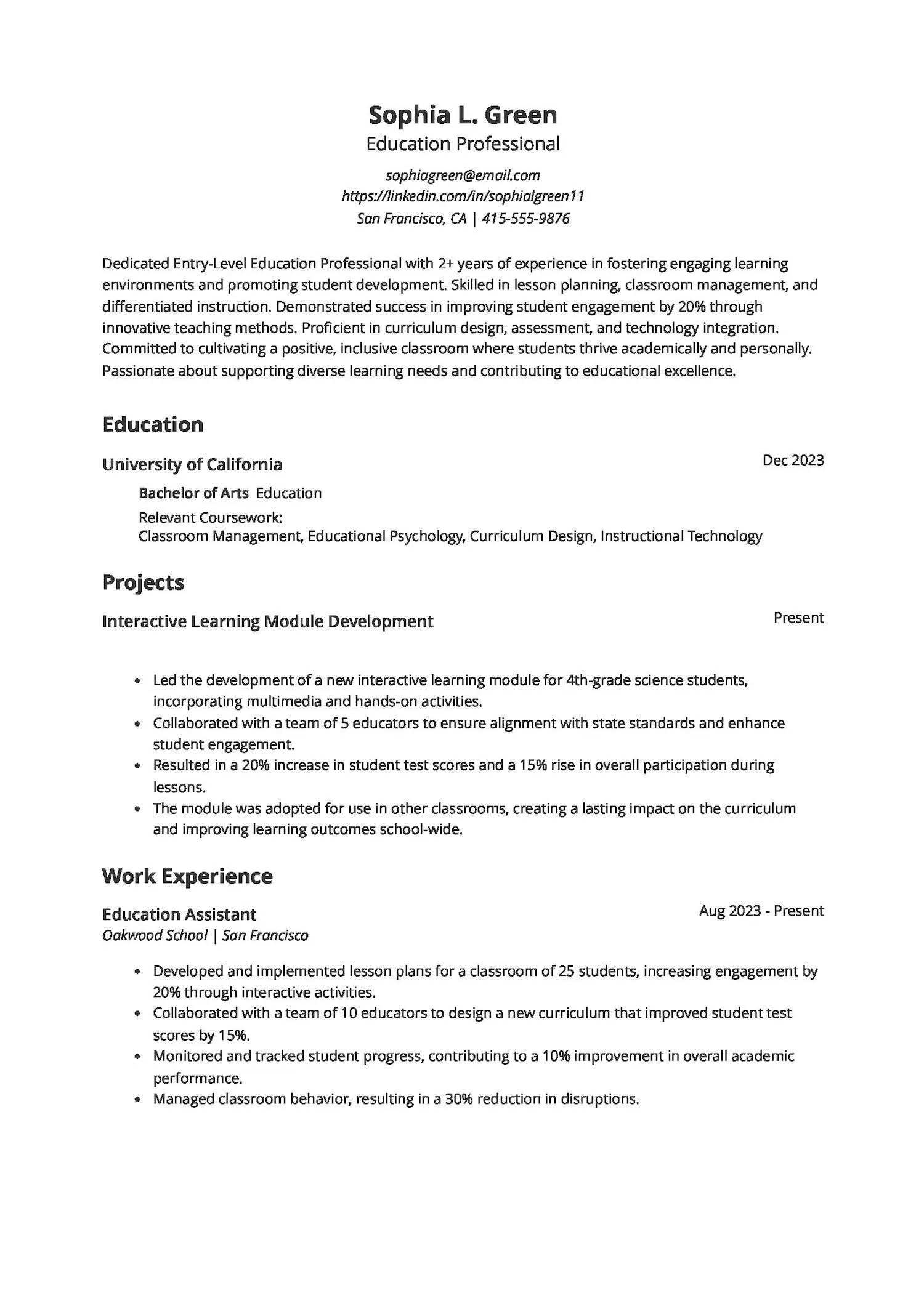 Entry-Level Education Resume