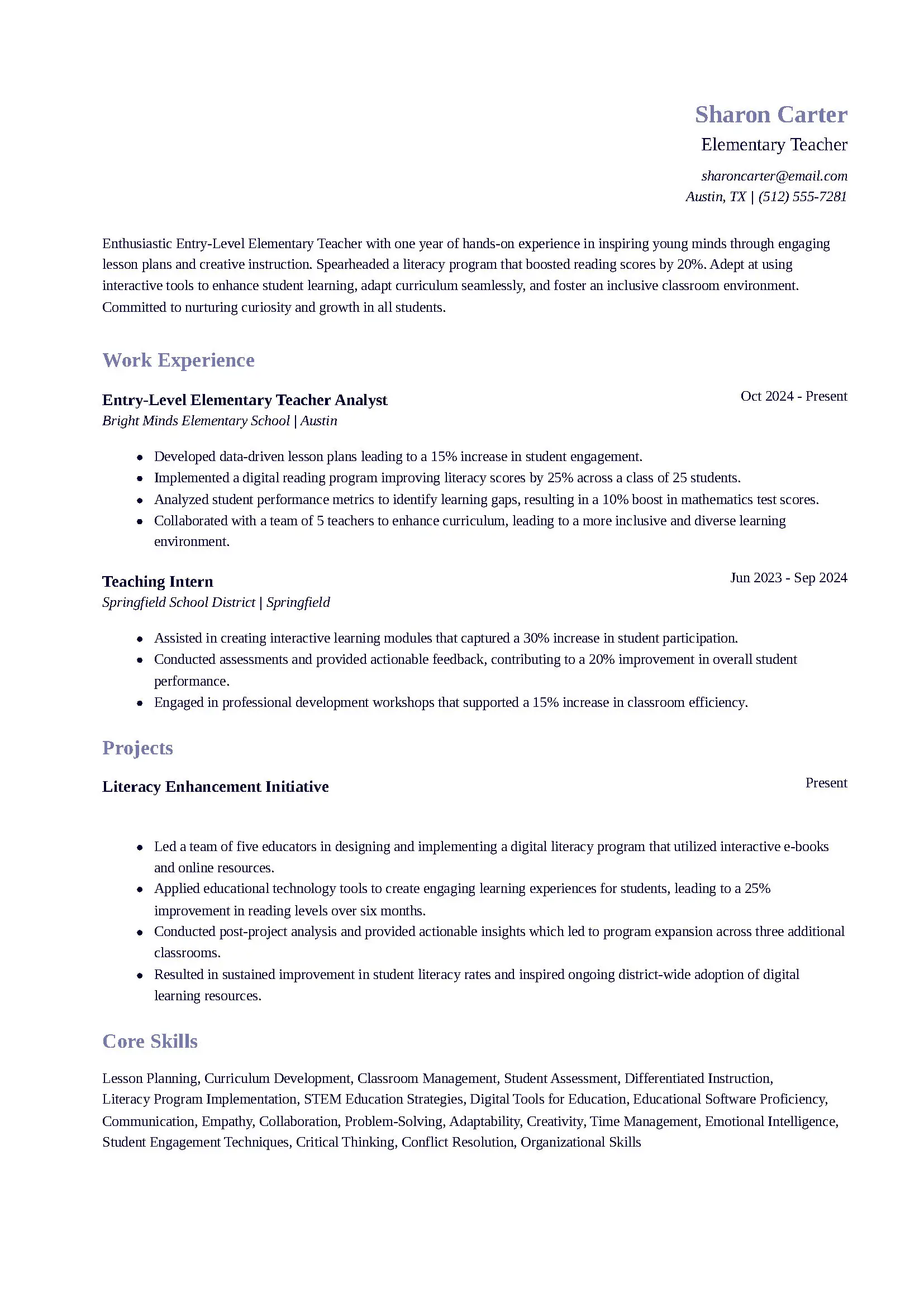 Entry-Level Elementary Teacher Resume