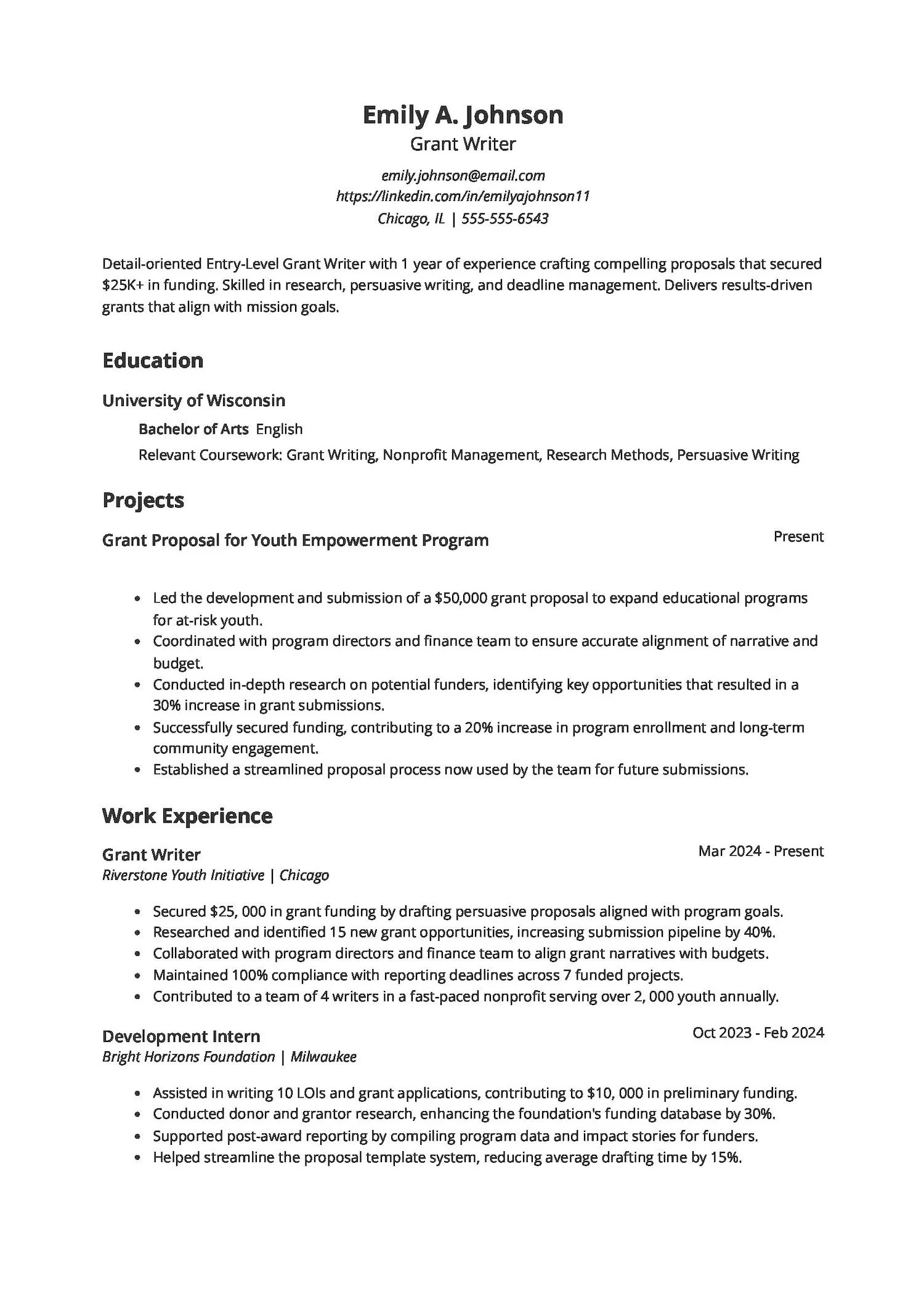 Entry-Level Grant Writer Resume
