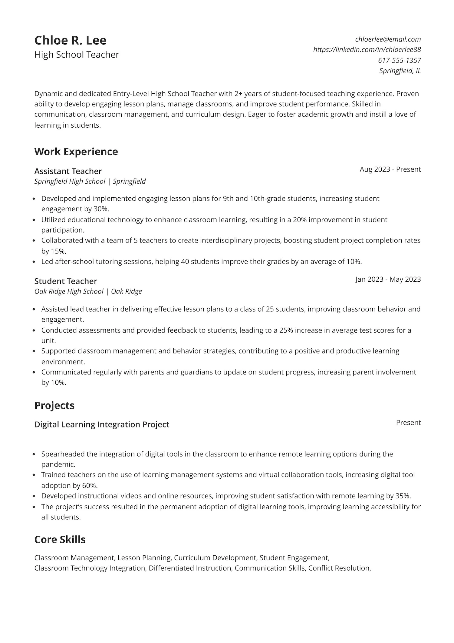 Entry-Level High School Teacher Resume