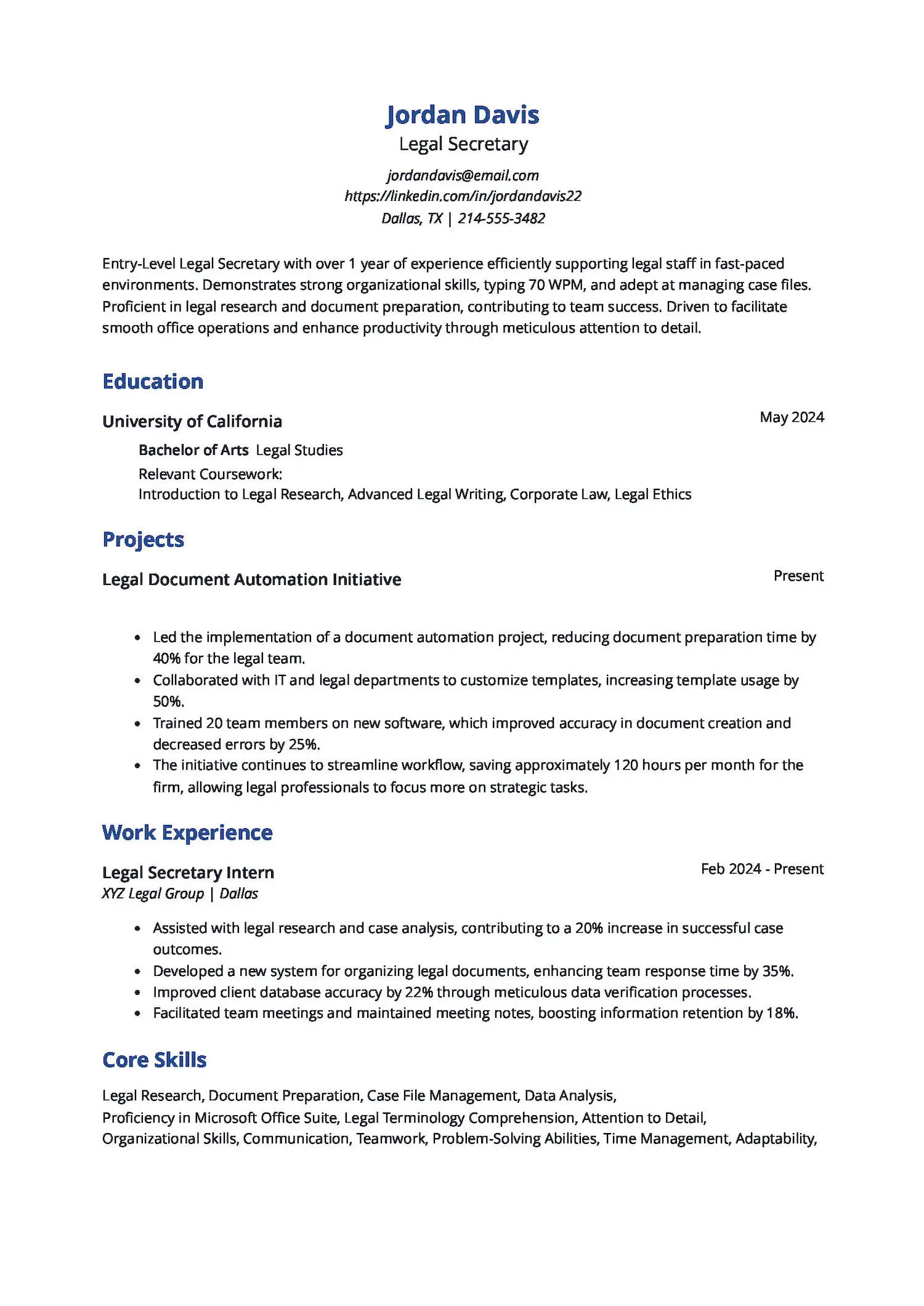 Entry-Level Legal Secretary Resume