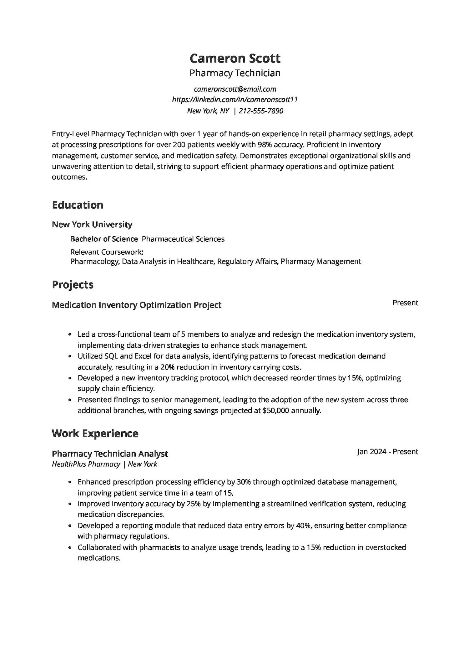 Entry-Level Pharmacy Technician Resume