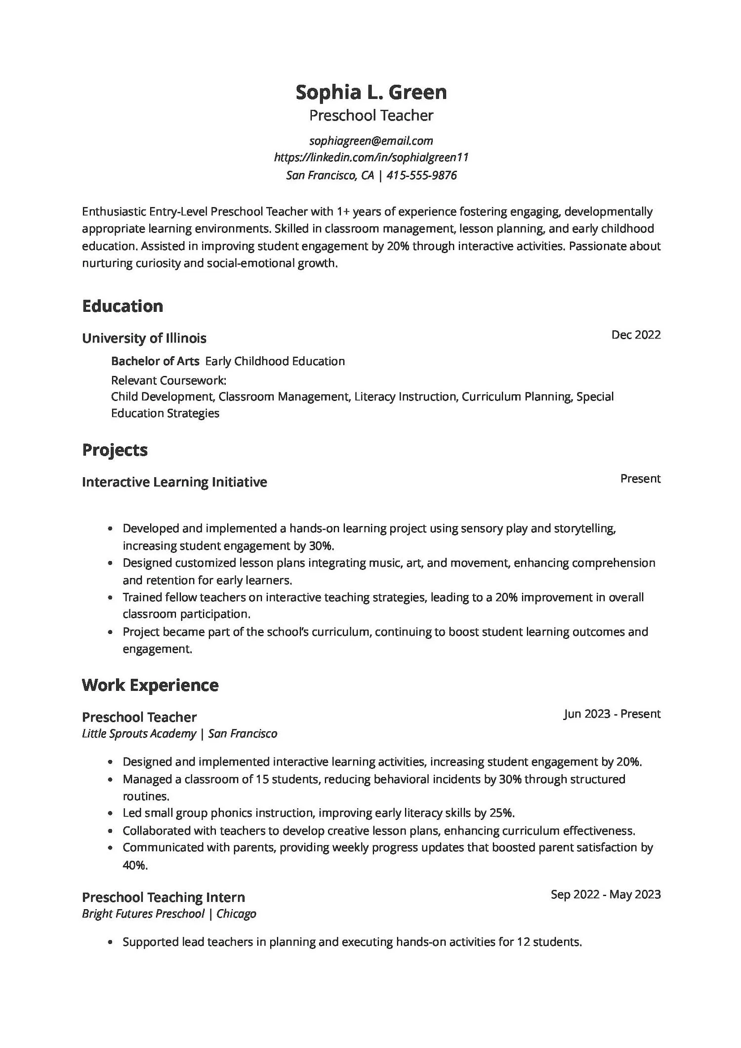 Entry-Level Preschool Teacher Resume