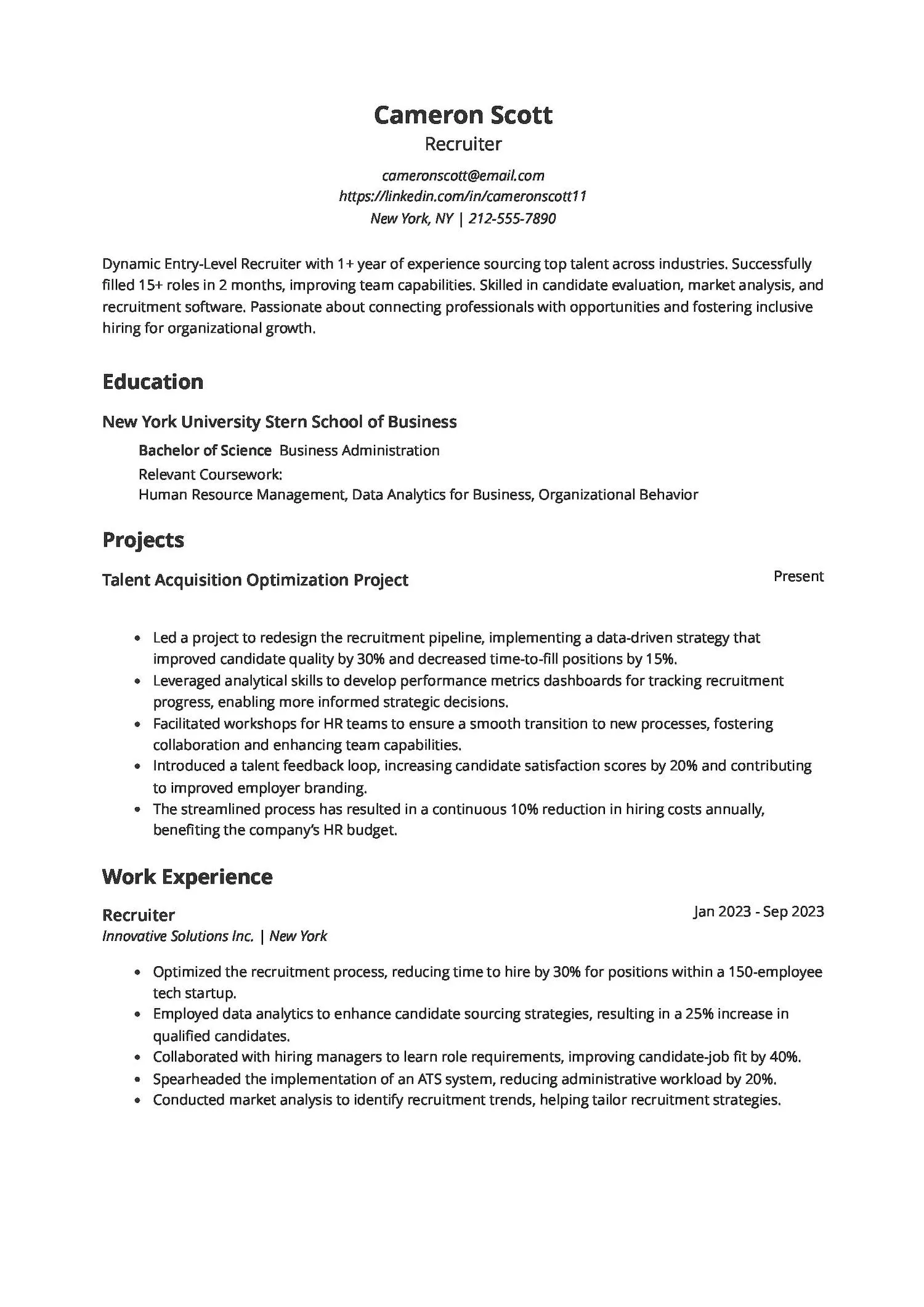 Entry-Level Recruiter Resume