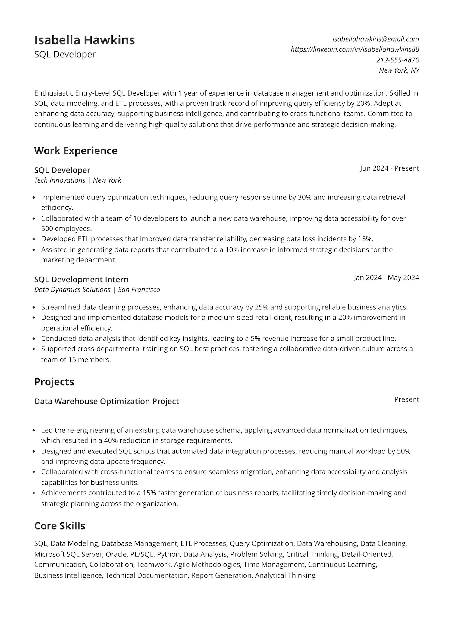 Entry-Level SQL Developer Resume