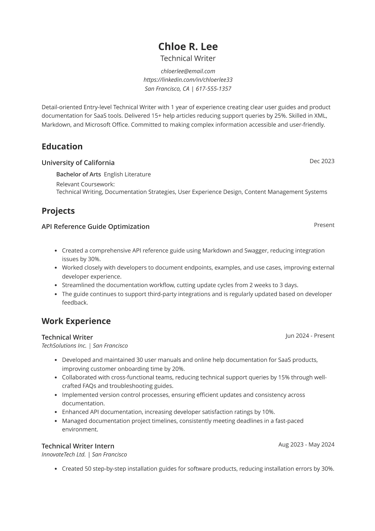 Entry-Level Technical Writer Resume