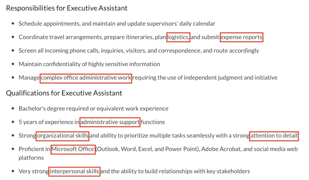 sample job description of an executive assistant