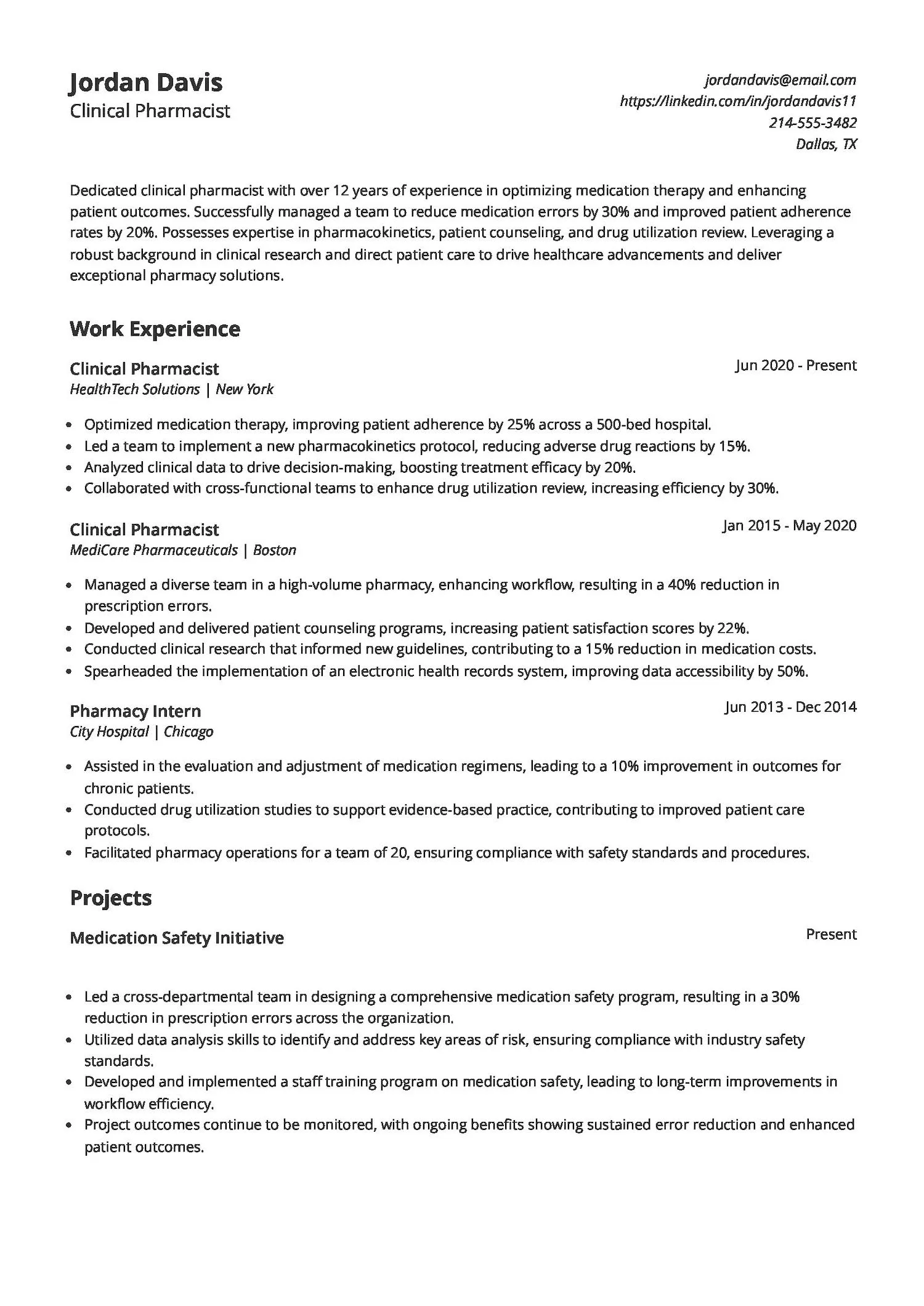 Experienced Clinical Pharmacist Resume