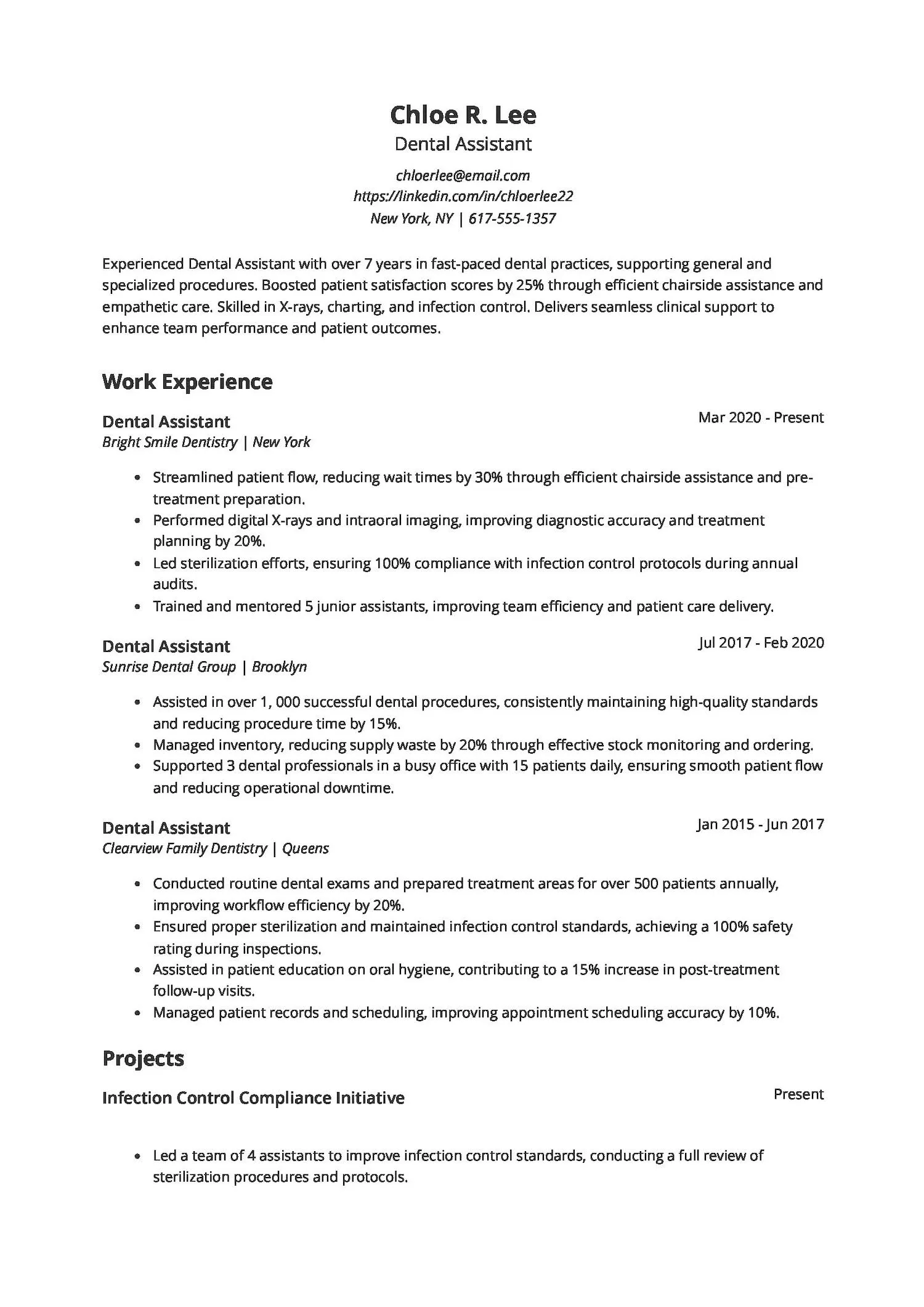 Experienced Dental Assistant Resume