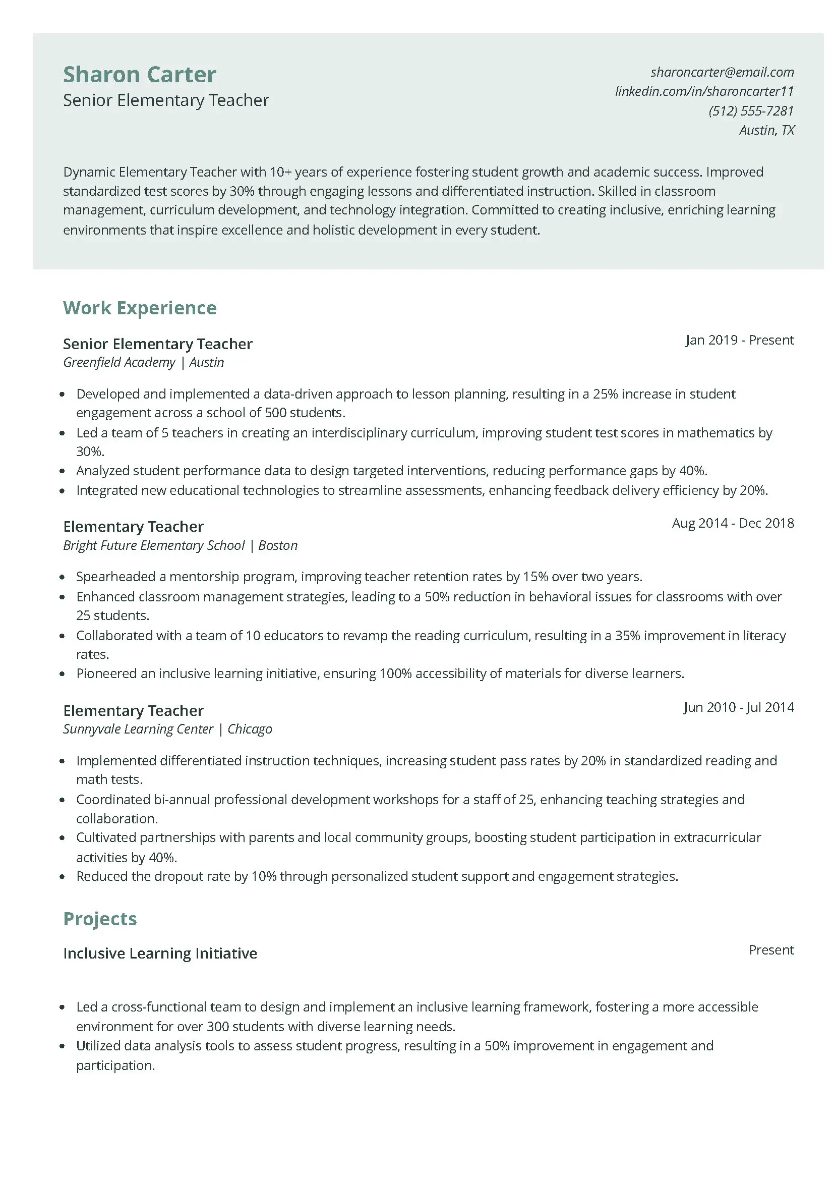 Experienced Elementary Teacher Resume