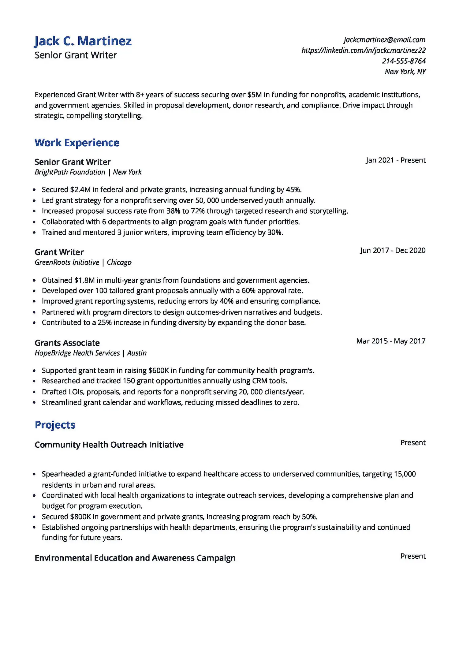 Experienced Grant Writer Resume