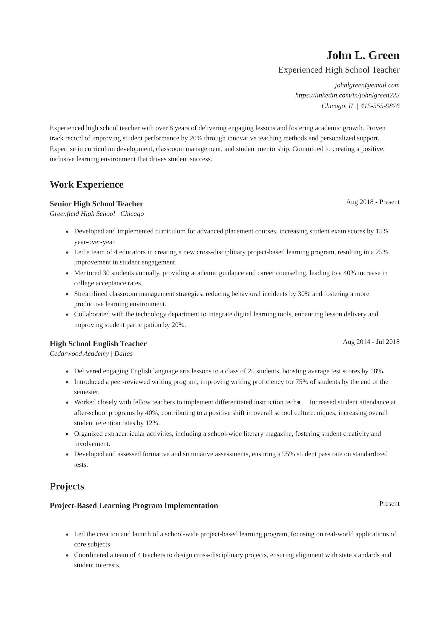 Experienced High School Teacher Resume
