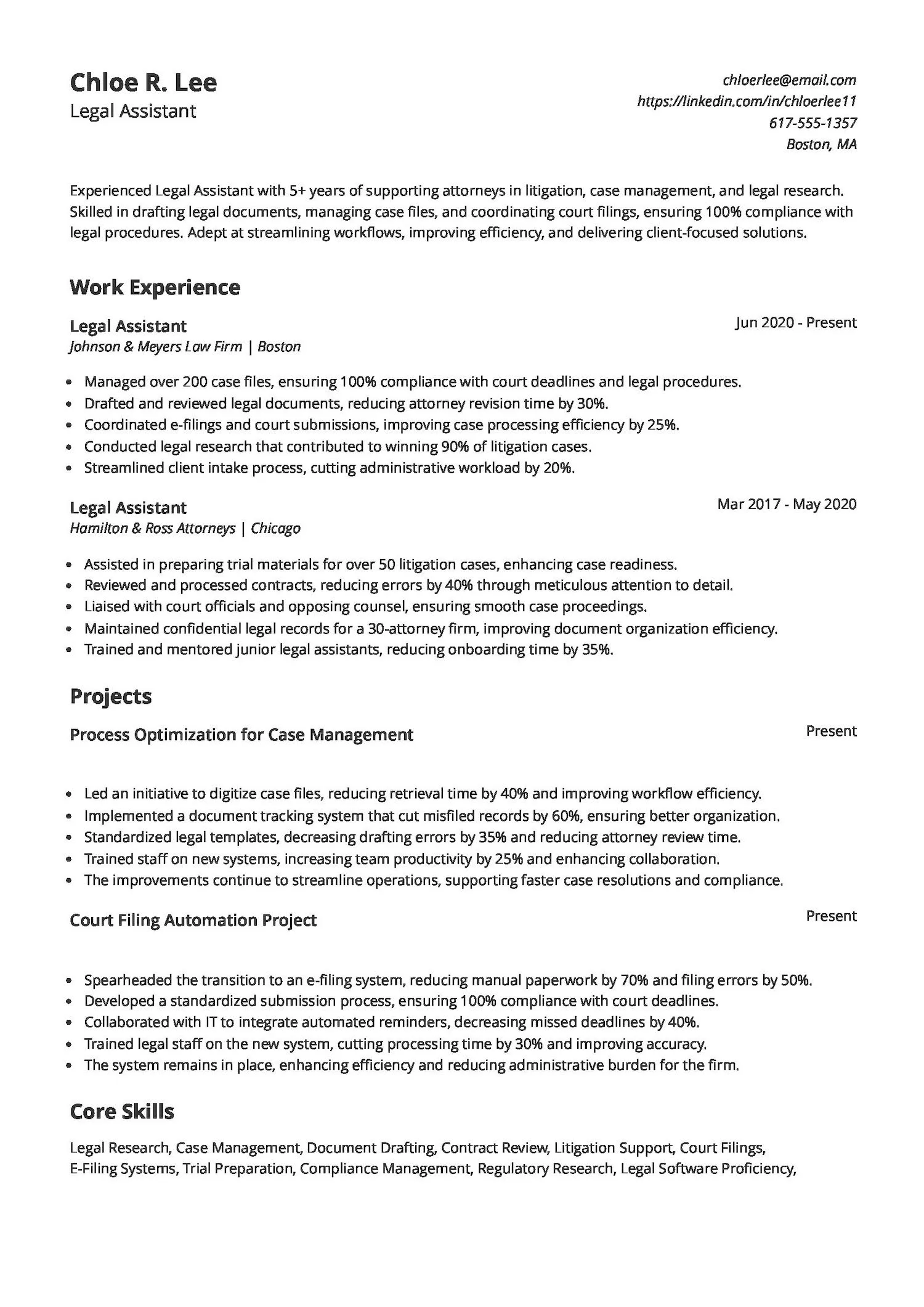 Experienced Legal Assistant Resume