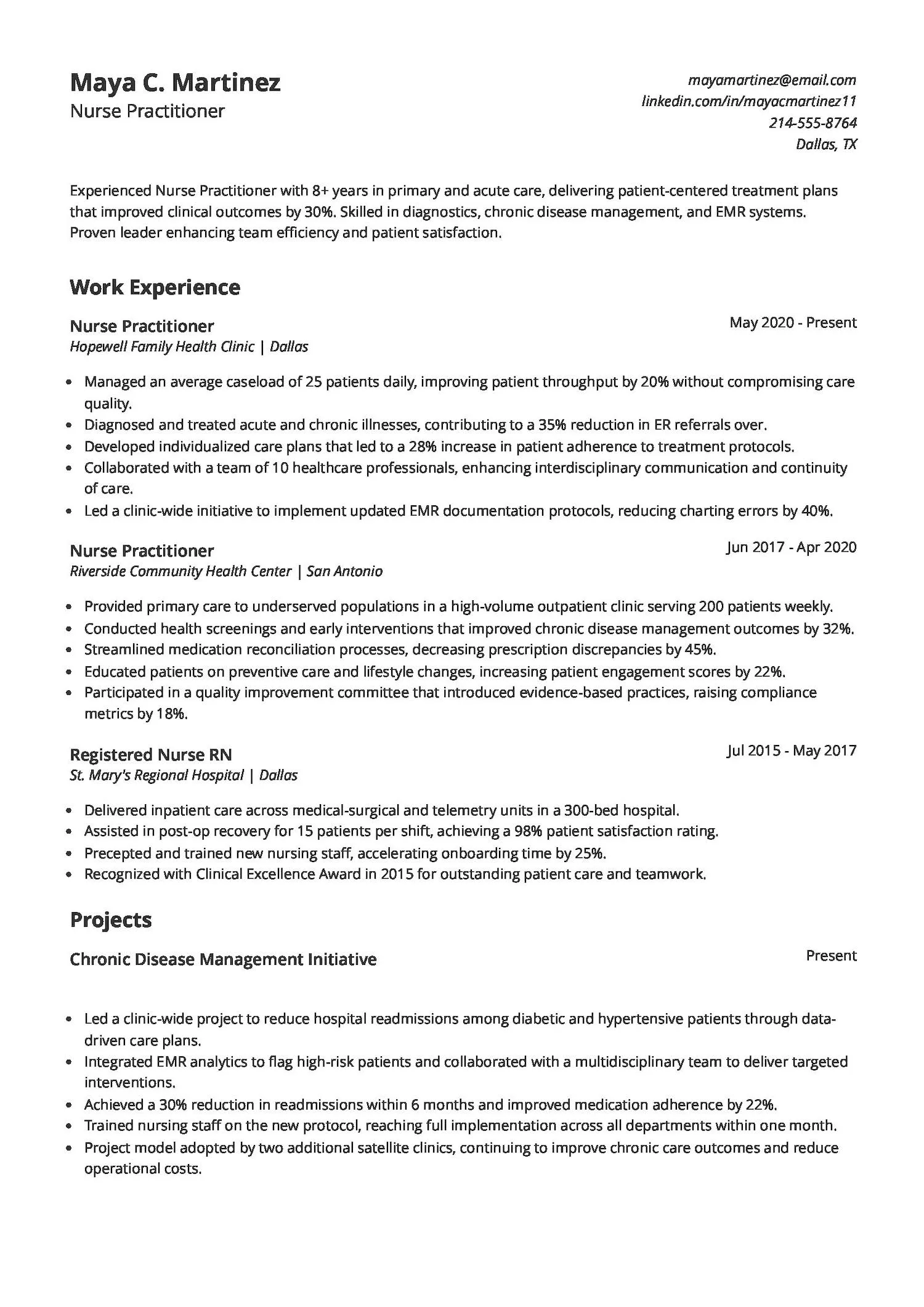 Experienced Nurse Practitioner Resume