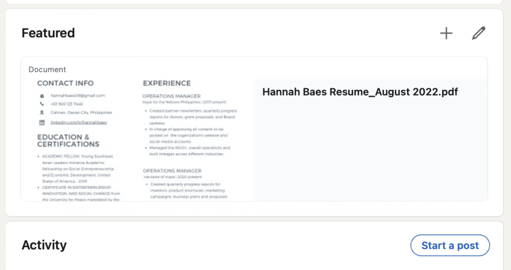 screenshot of a LinkedIn resume on the featured section of a profile