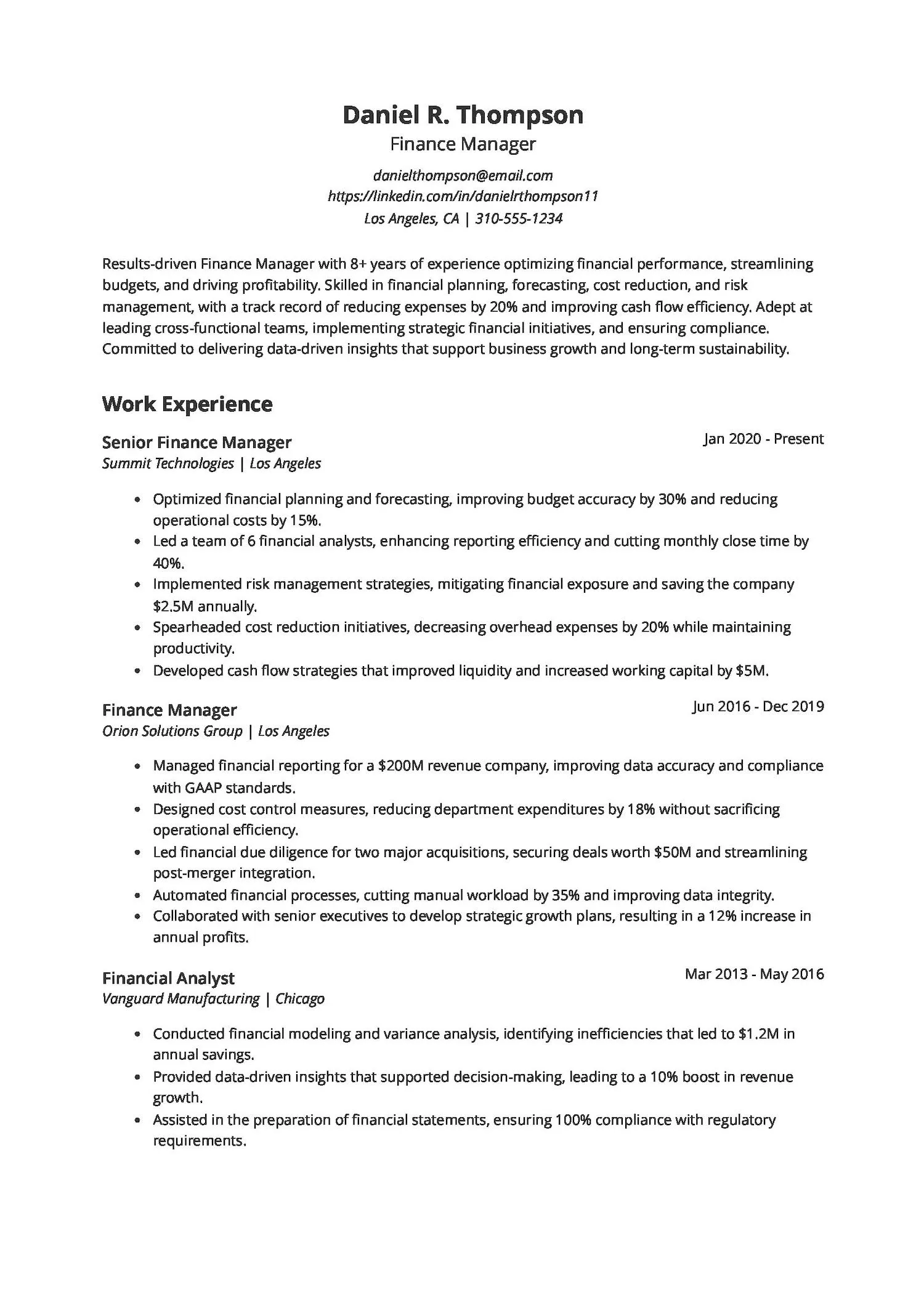 Finance Manager Resume