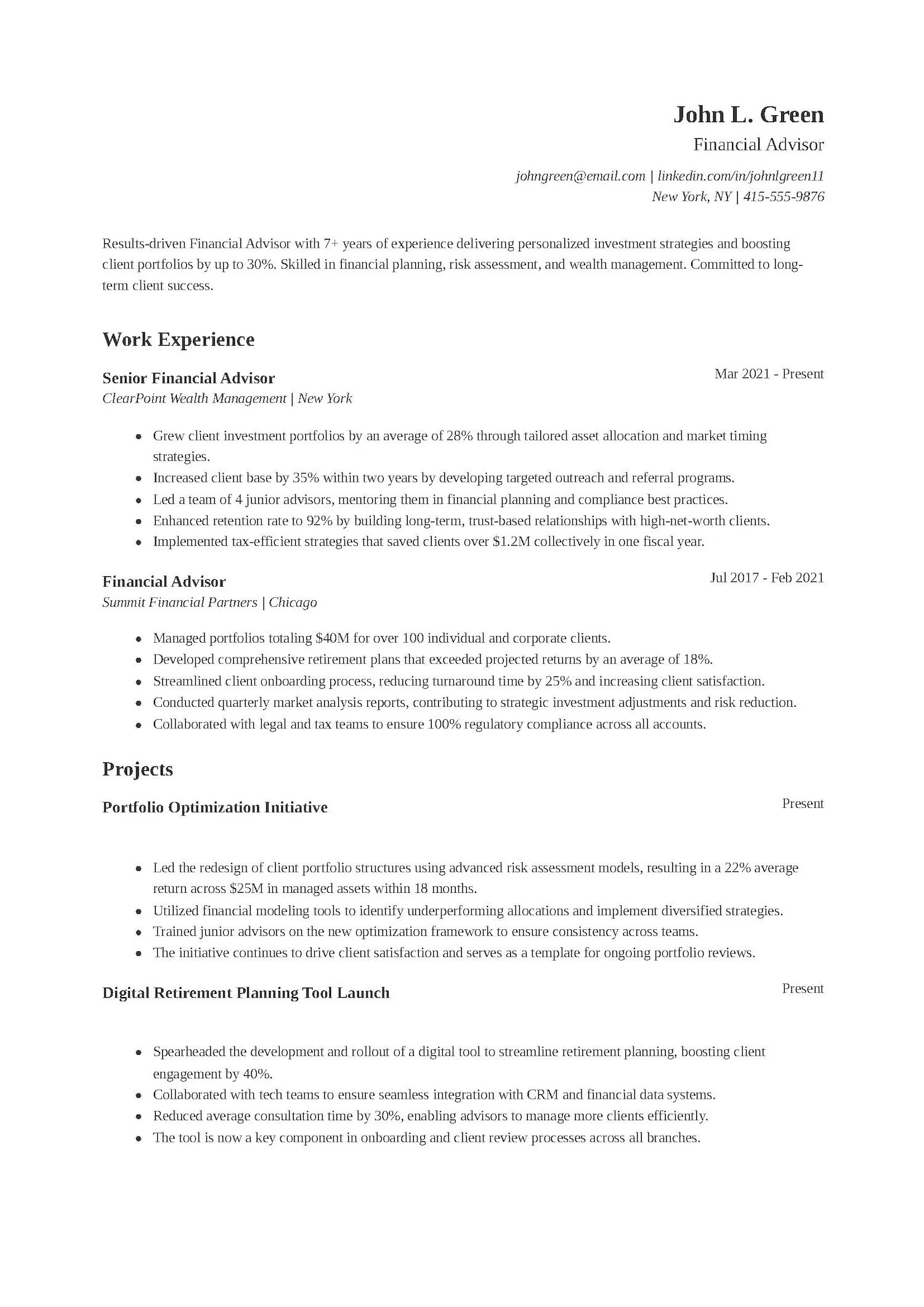 Financial Advisor Resume