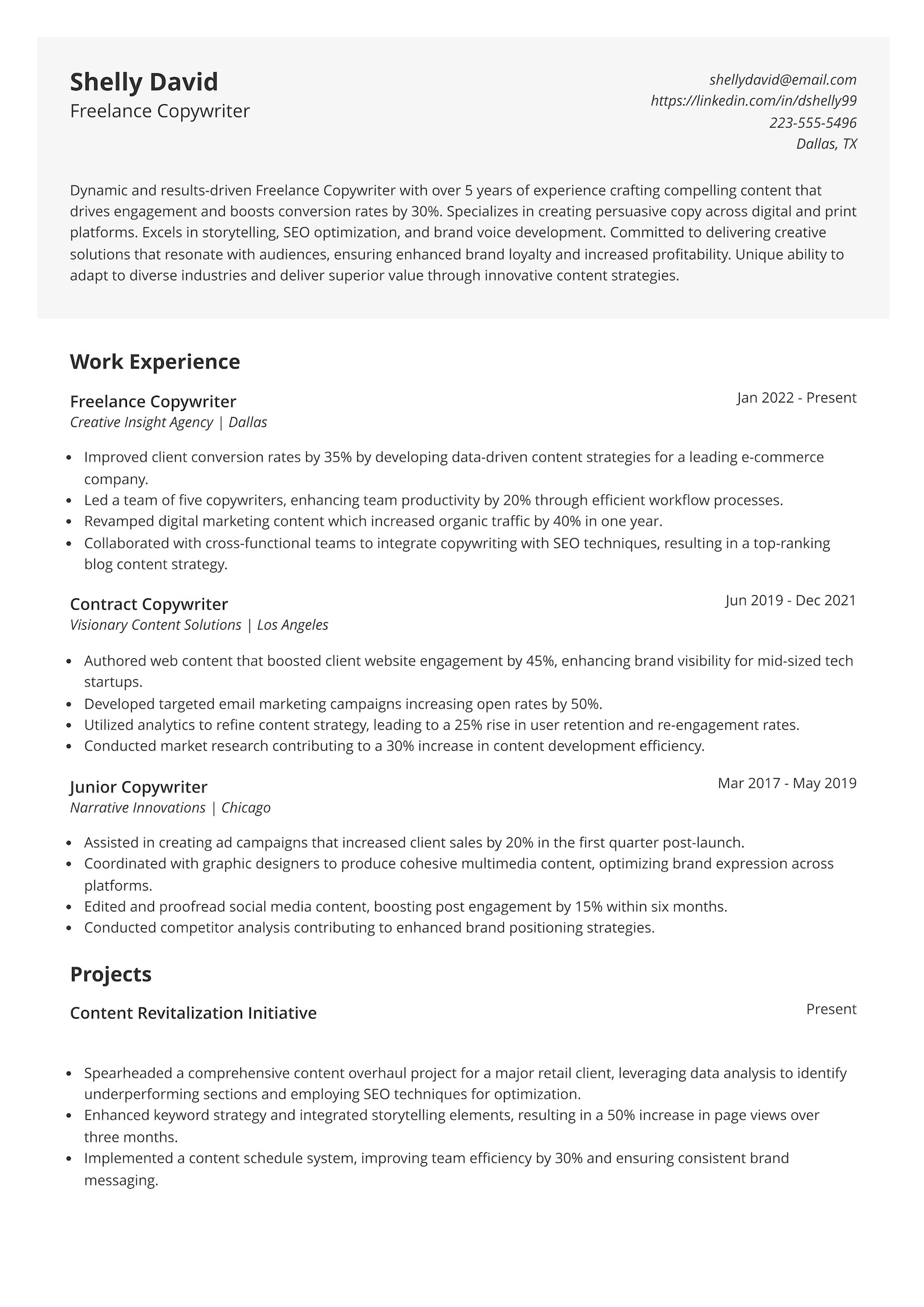 Freelance Copywriter Resume