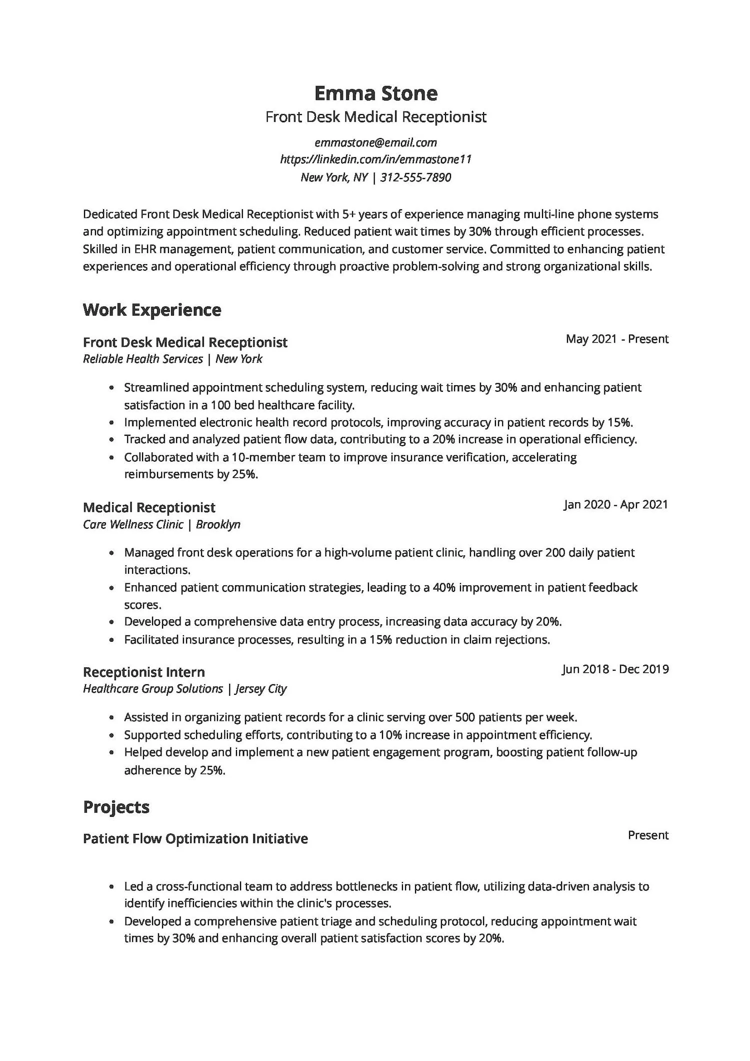 Front Desk Medical Receptionist Resume