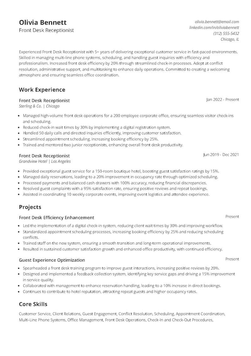 Front Desk Receptionist Resume