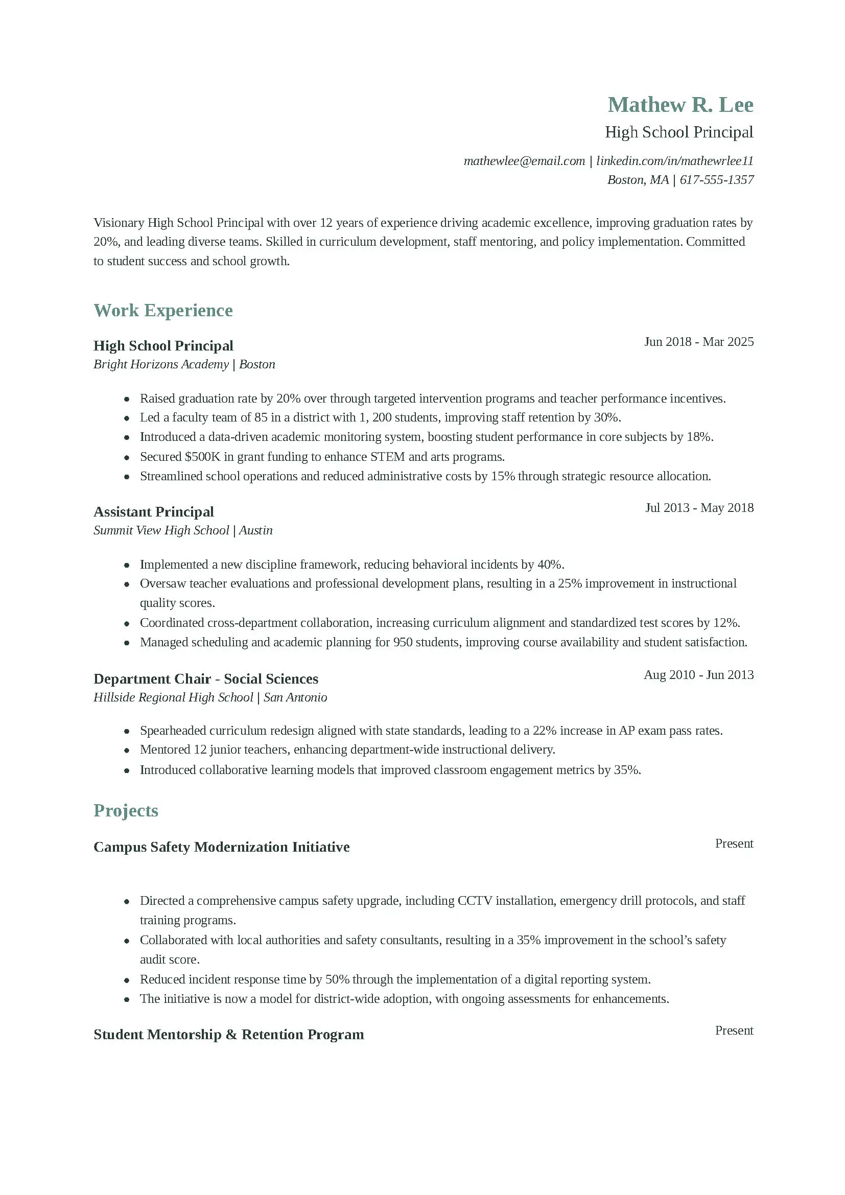 High School Principal Resume