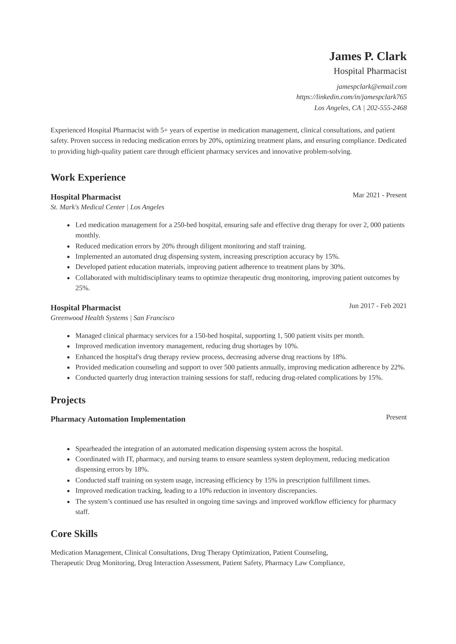 Hospital Pharmacist Resume